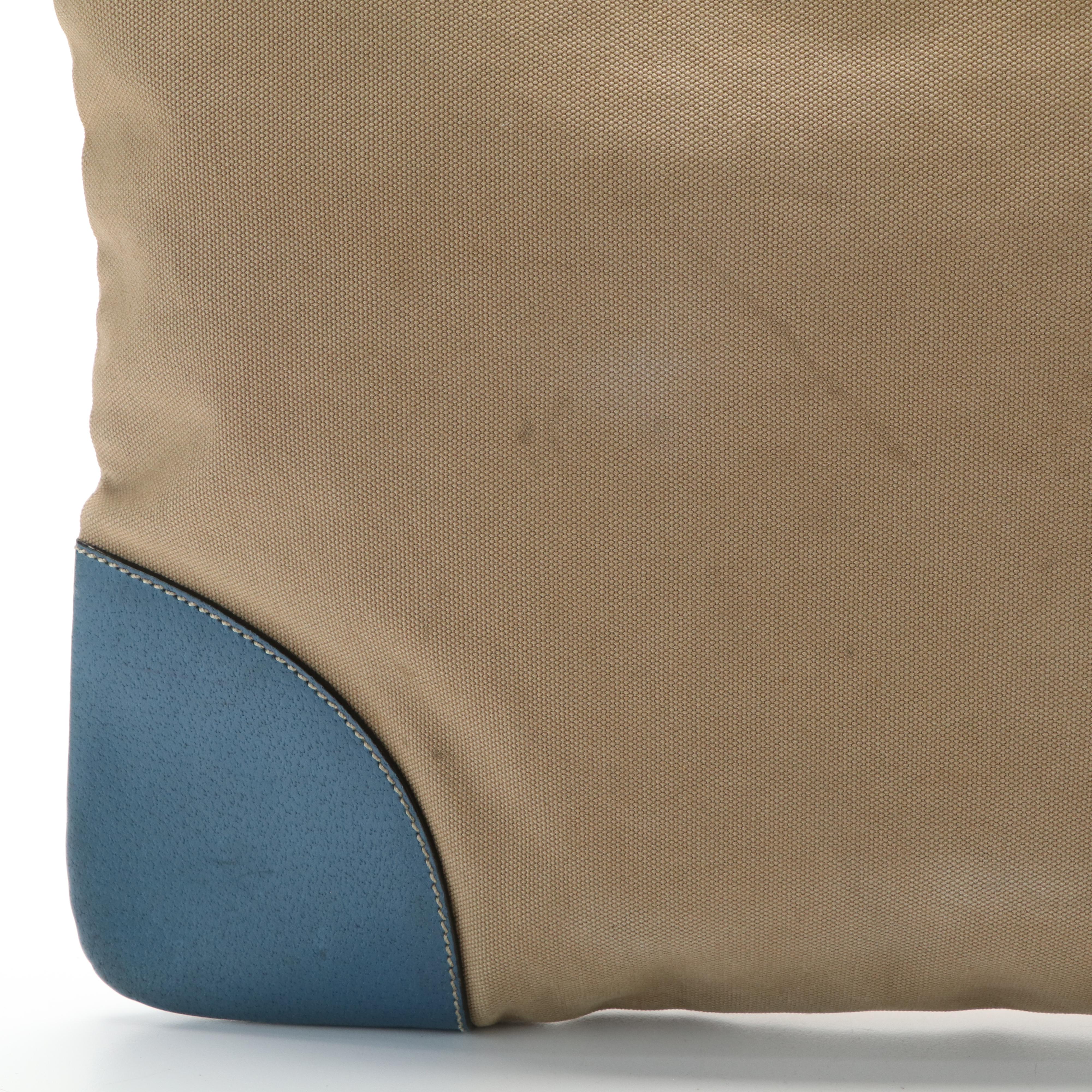 Prada Triangle Logo Shoulder Bag in Beige Canvas and Blue Leather