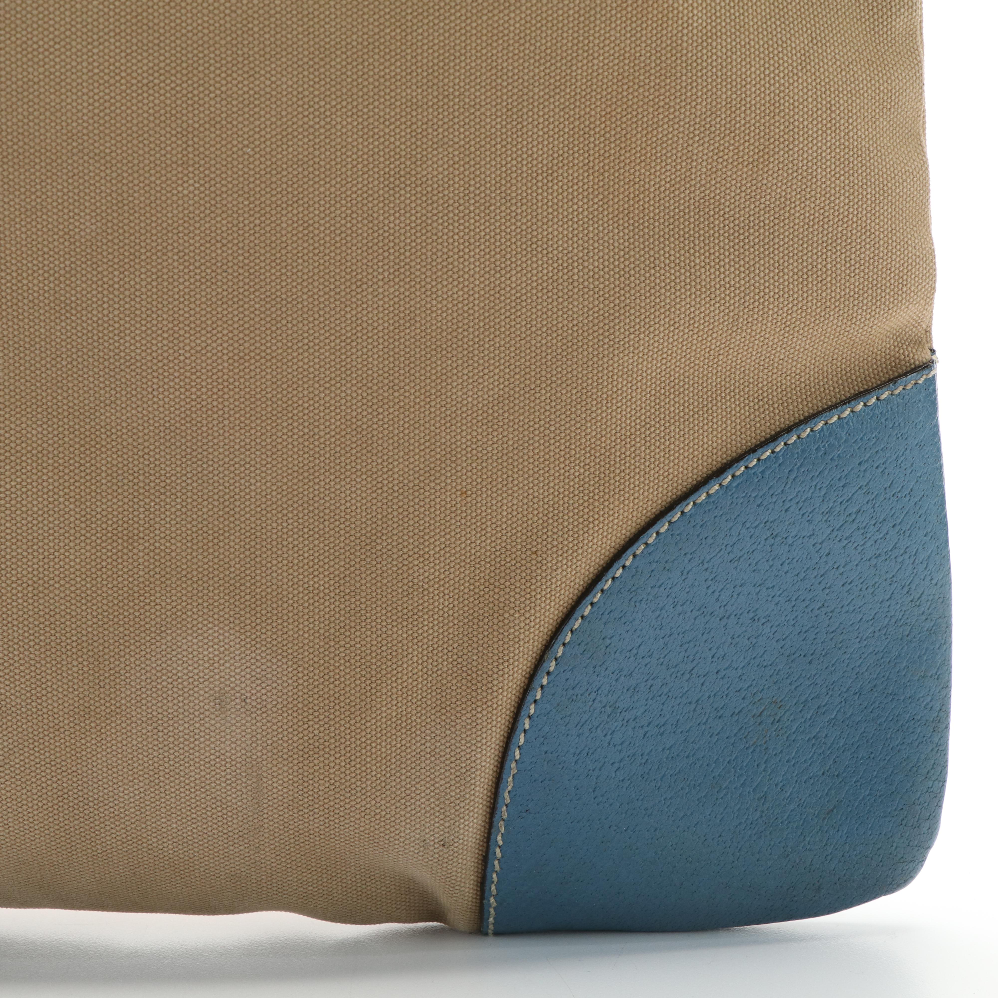 Prada Triangle Logo Shoulder Bag in Beige Canvas and Blue Leather