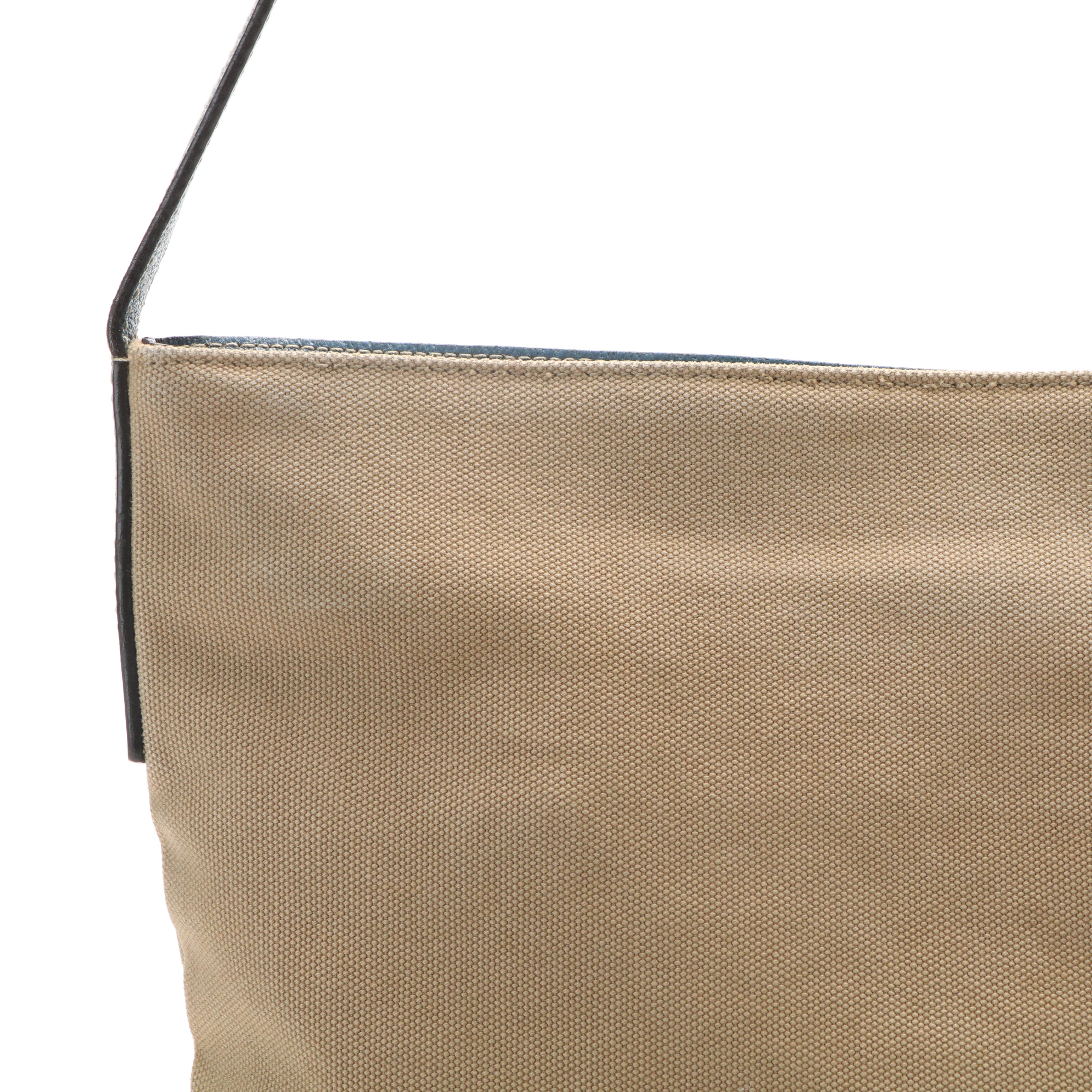 Prada Triangle Logo Shoulder Bag in Beige Canvas and Blue Leather