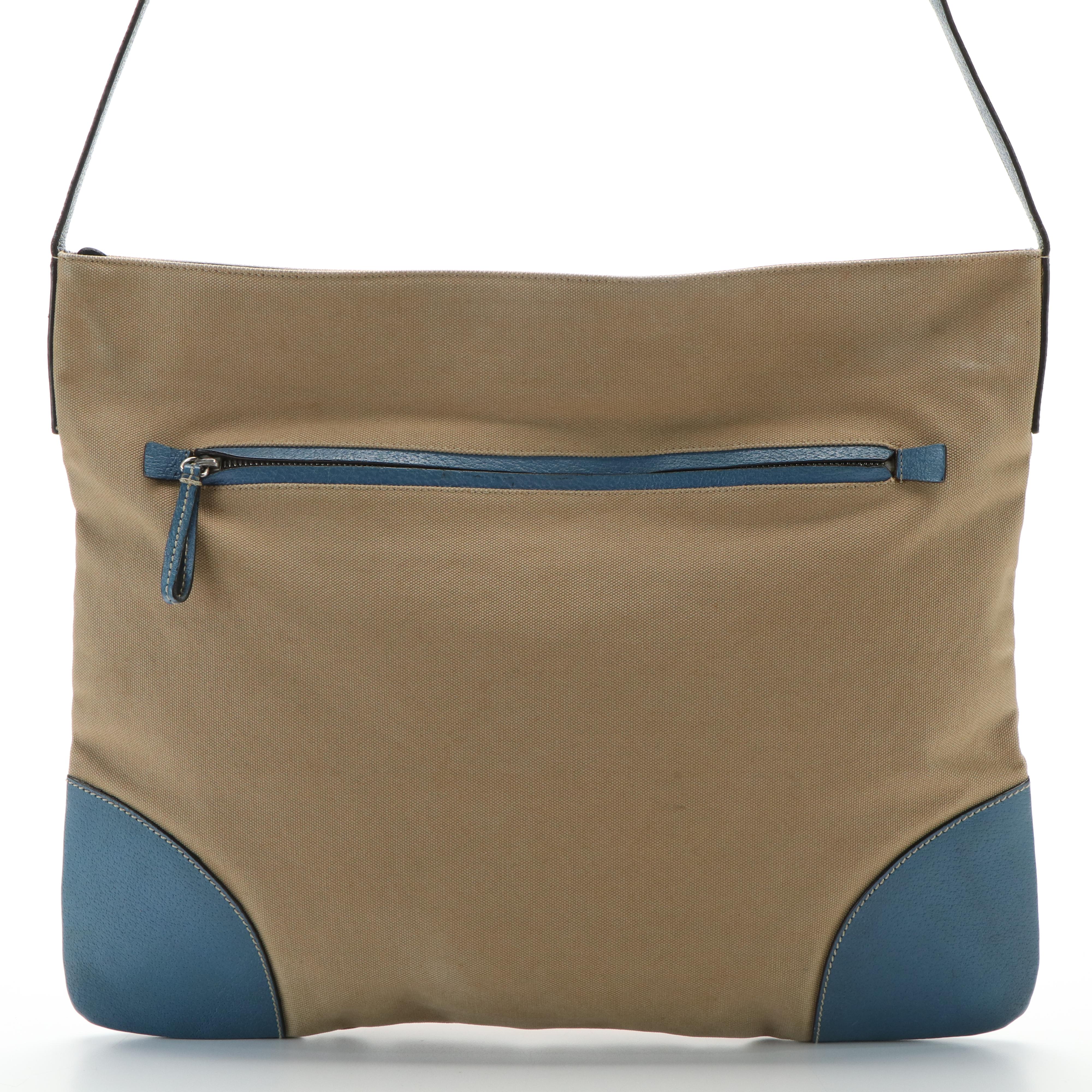 Prada Triangle Logo Shoulder Bag in Beige Canvas and Blue Leather