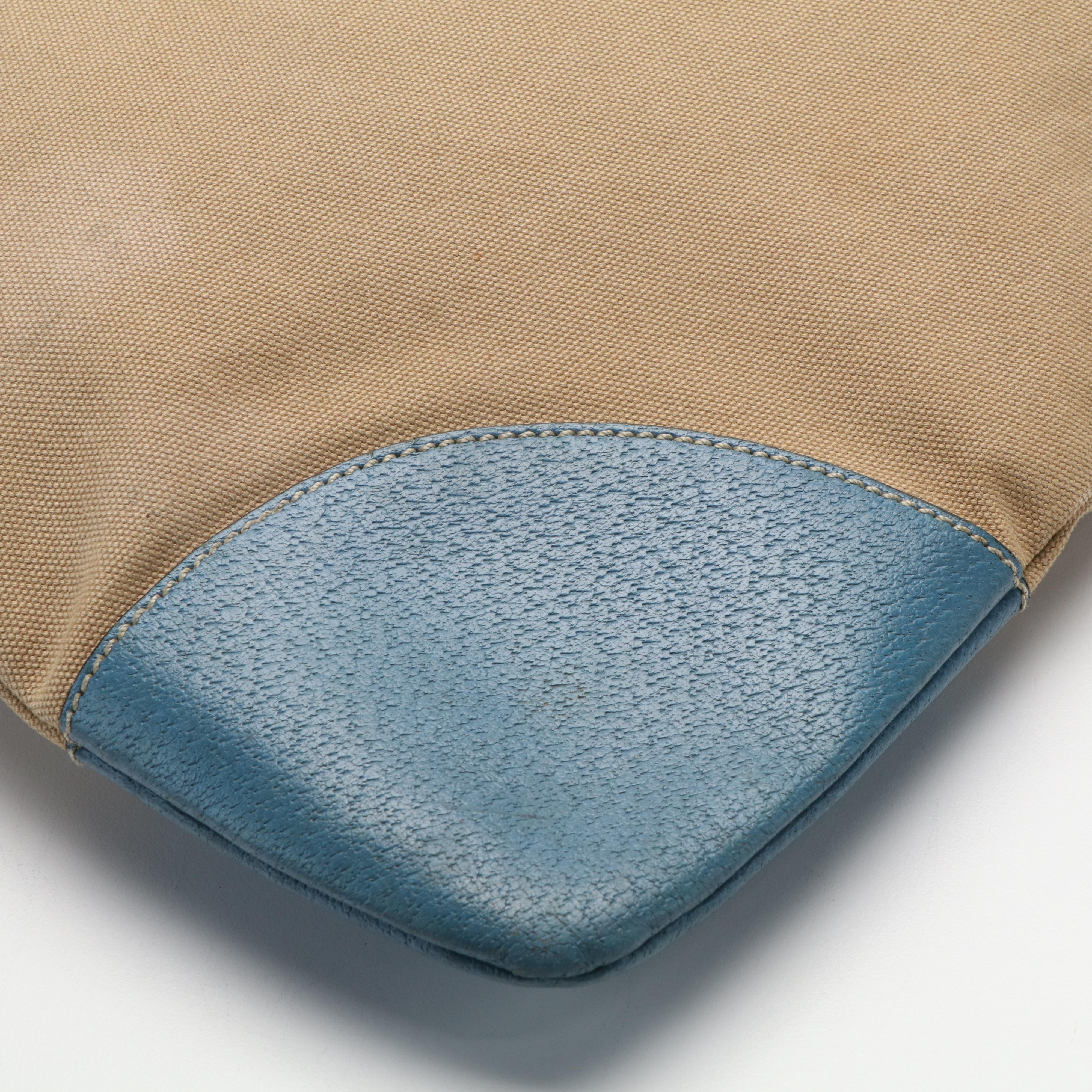 Prada Triangle Logo Shoulder Bag in Beige Canvas and Blue Leather