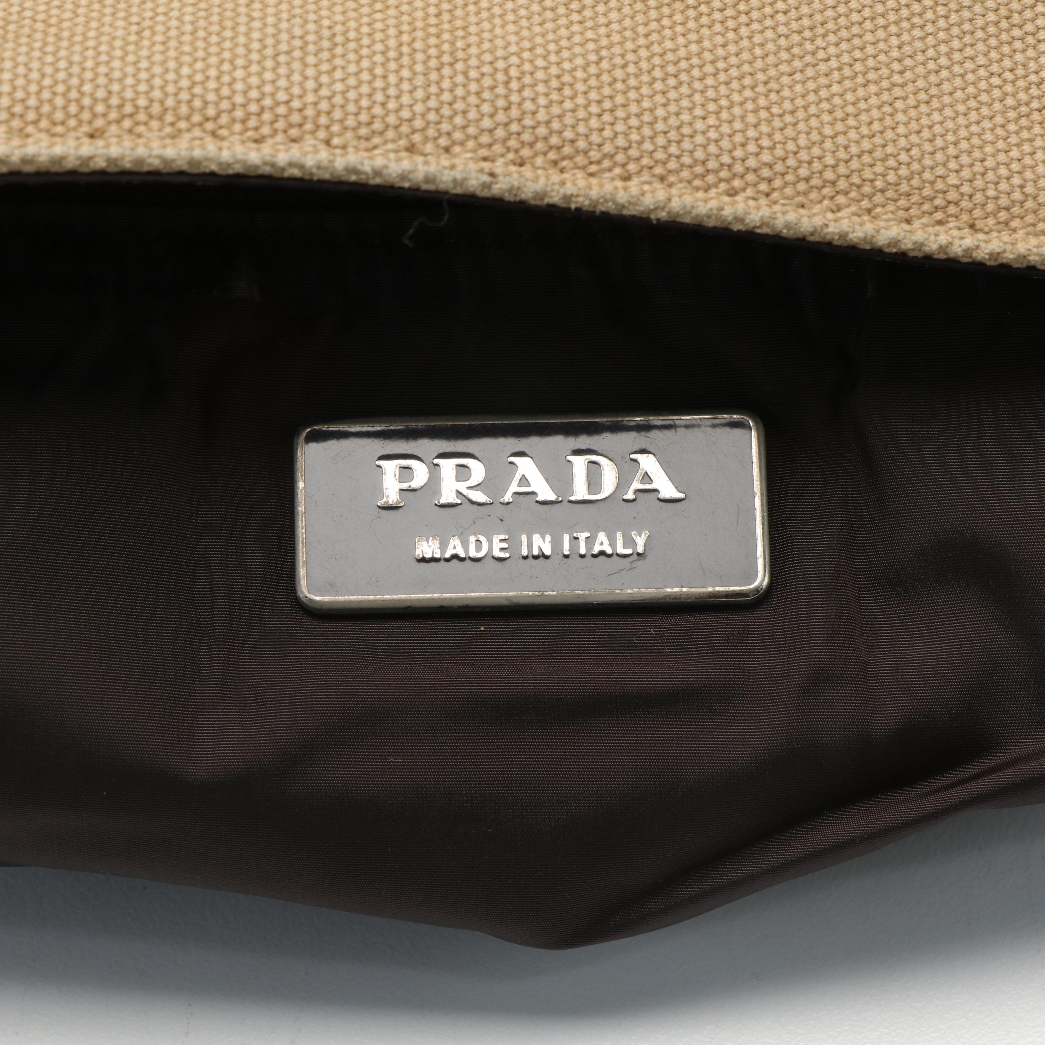 Prada Triangle Logo Shoulder Bag in Beige Canvas and Blue Leather