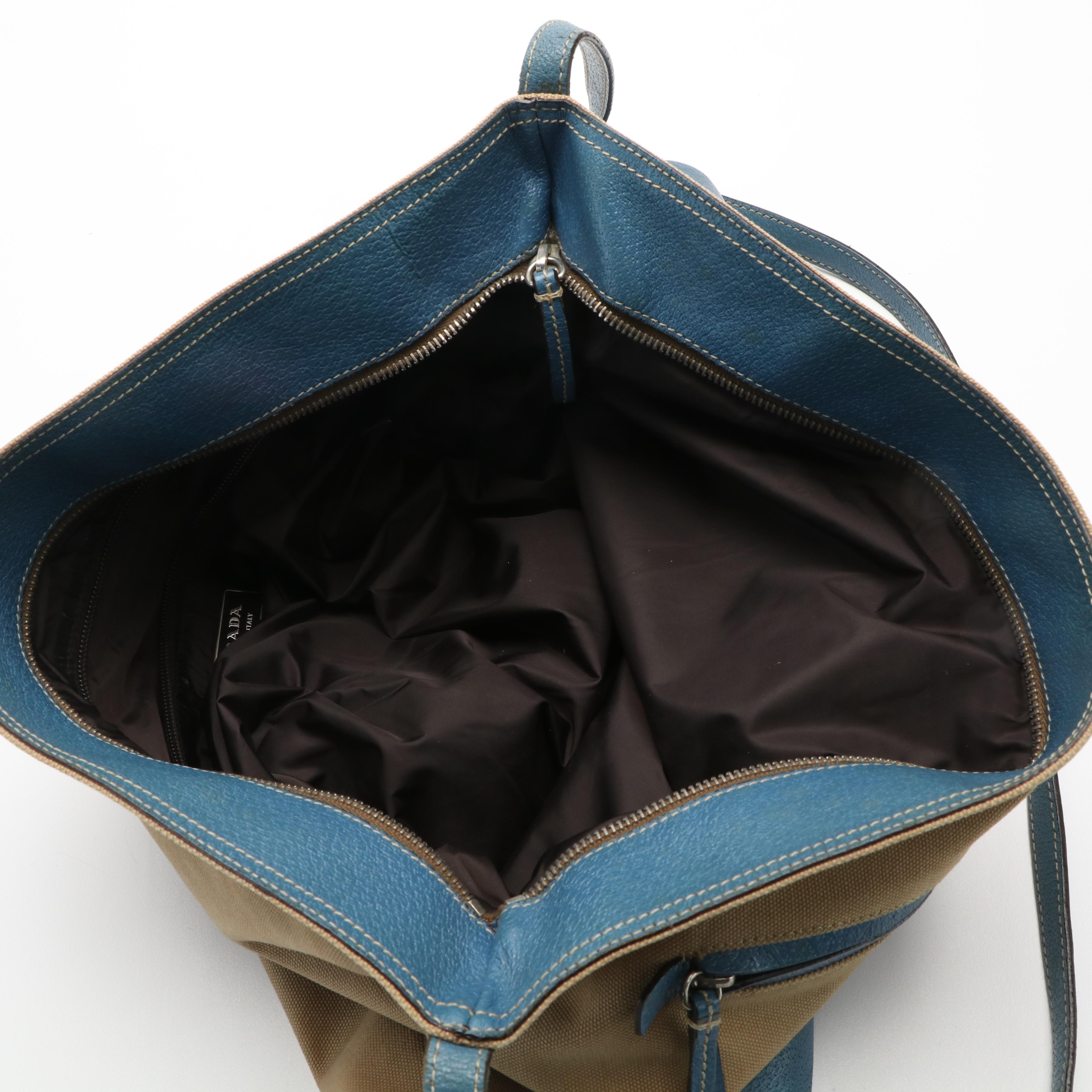 Prada Triangle Logo Shoulder Bag in Beige Canvas and Blue Leather