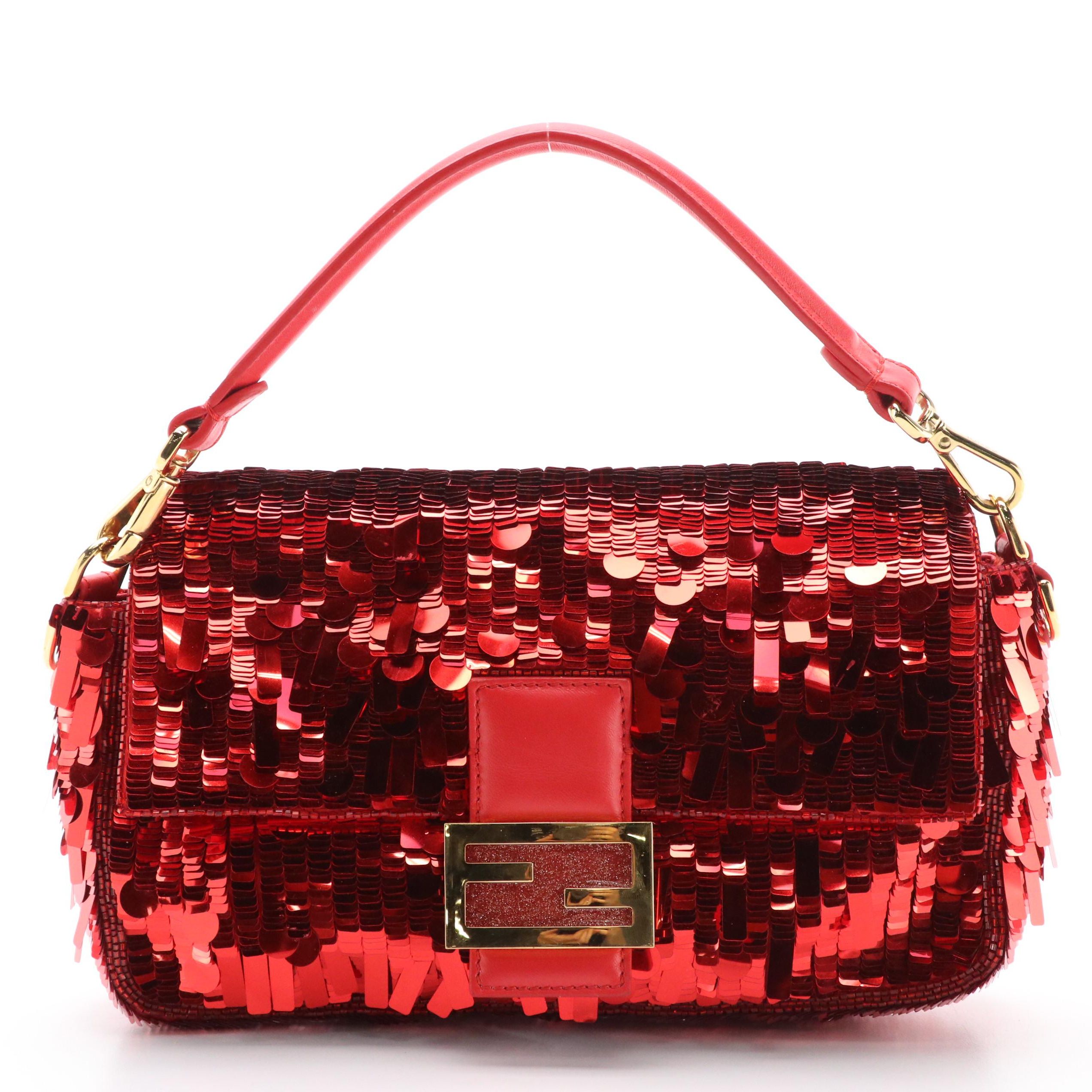 Fendi Red Paillette Sequin Embellished Baguette Handbag
