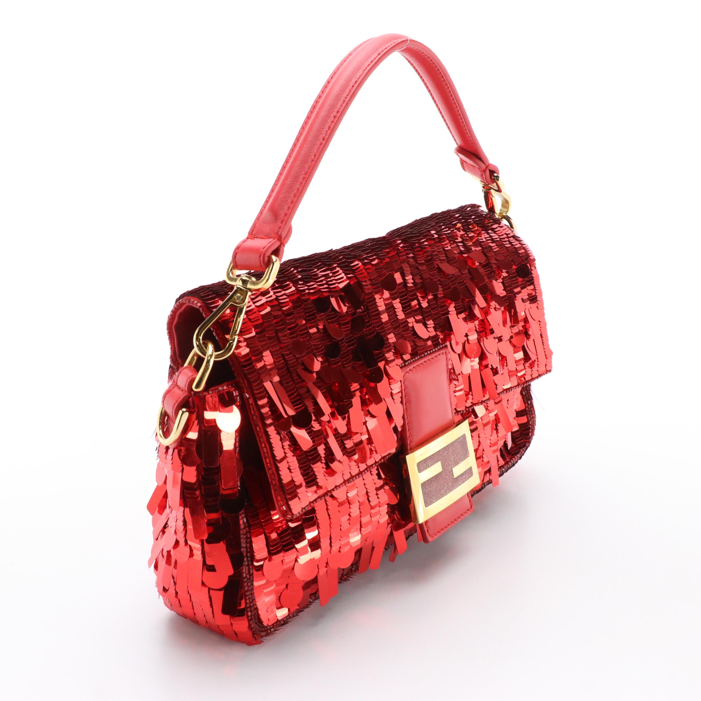Fendi Red Paillette Sequin Embellished Baguette Handbag