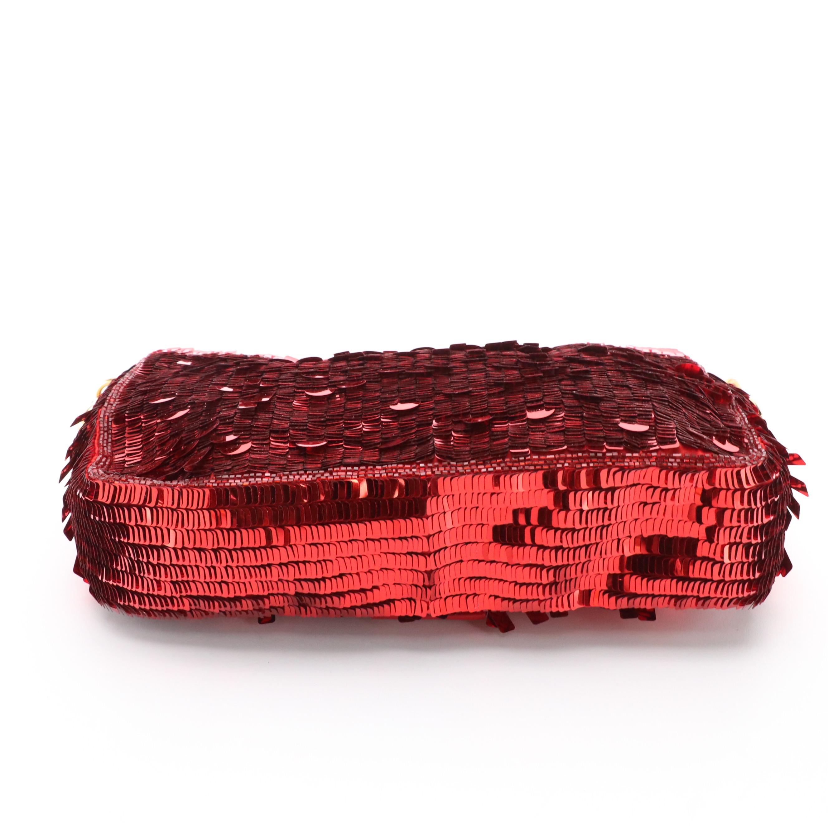 Fendi Red Paillette Sequin Embellished Baguette Handbag