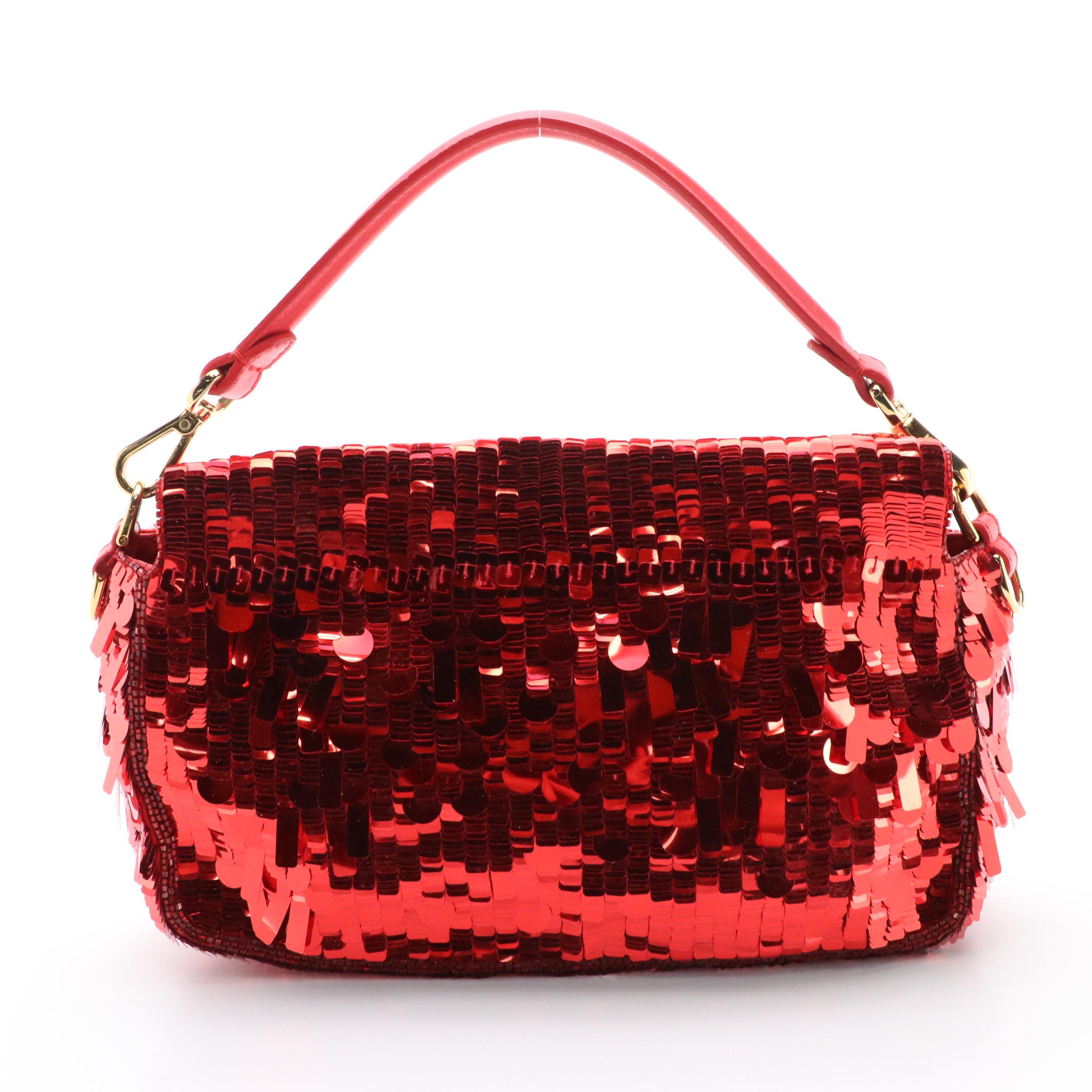 Fendi Red Paillette Sequin Embellished Baguette Handbag