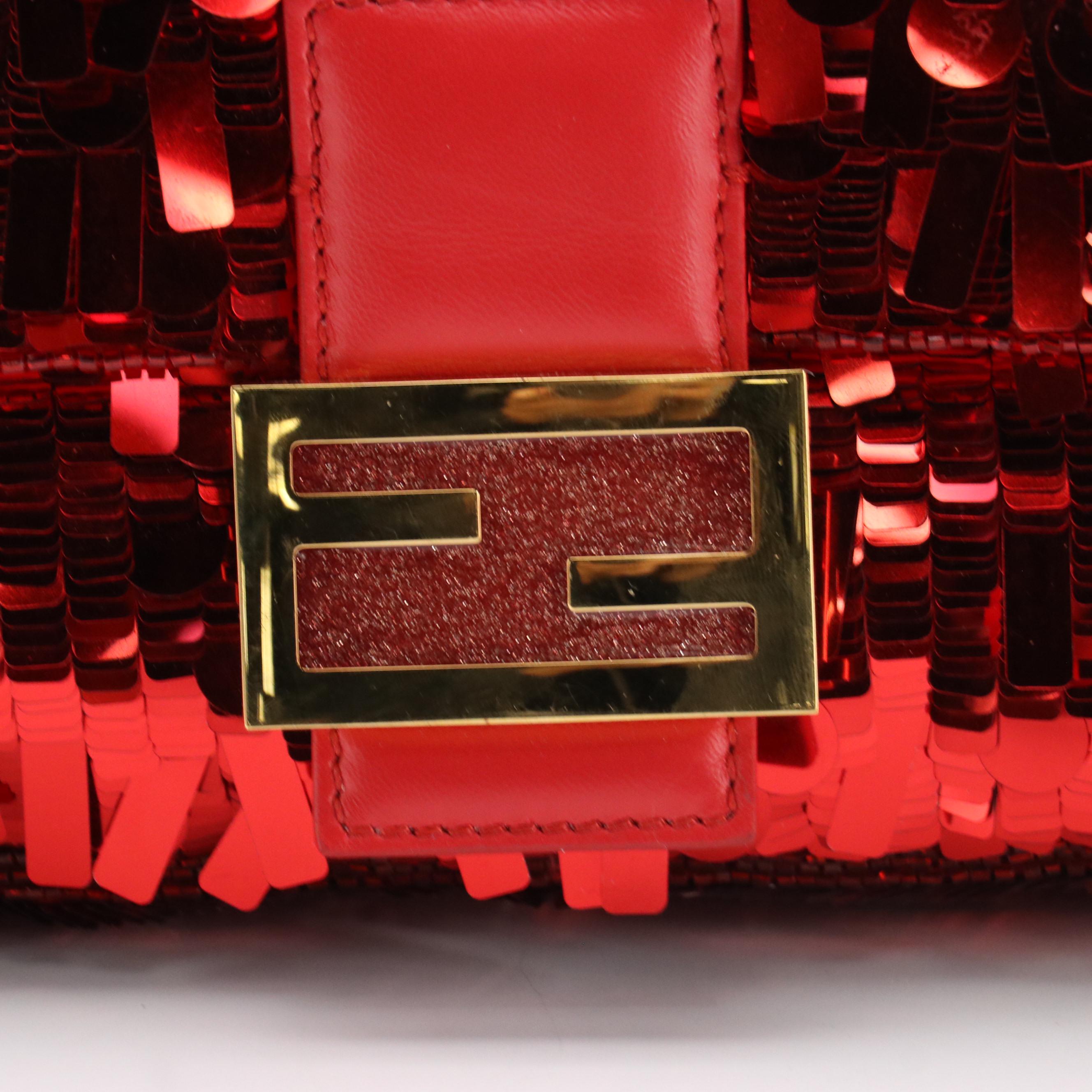 Fendi Red Paillette Sequin Embellished Baguette Handbag
