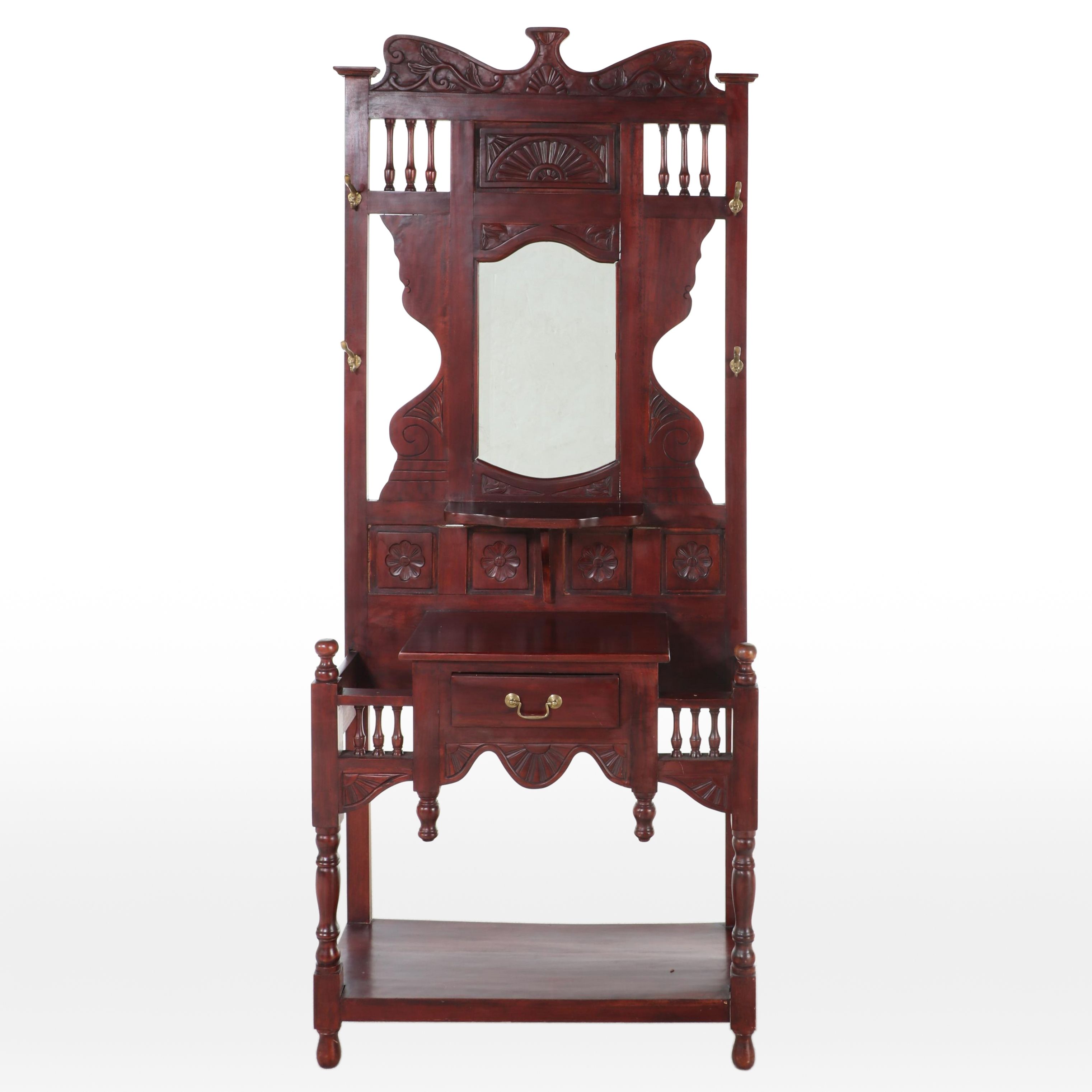 Victorian Style Carved Mahogany and Mirrored Glass Hall Stand