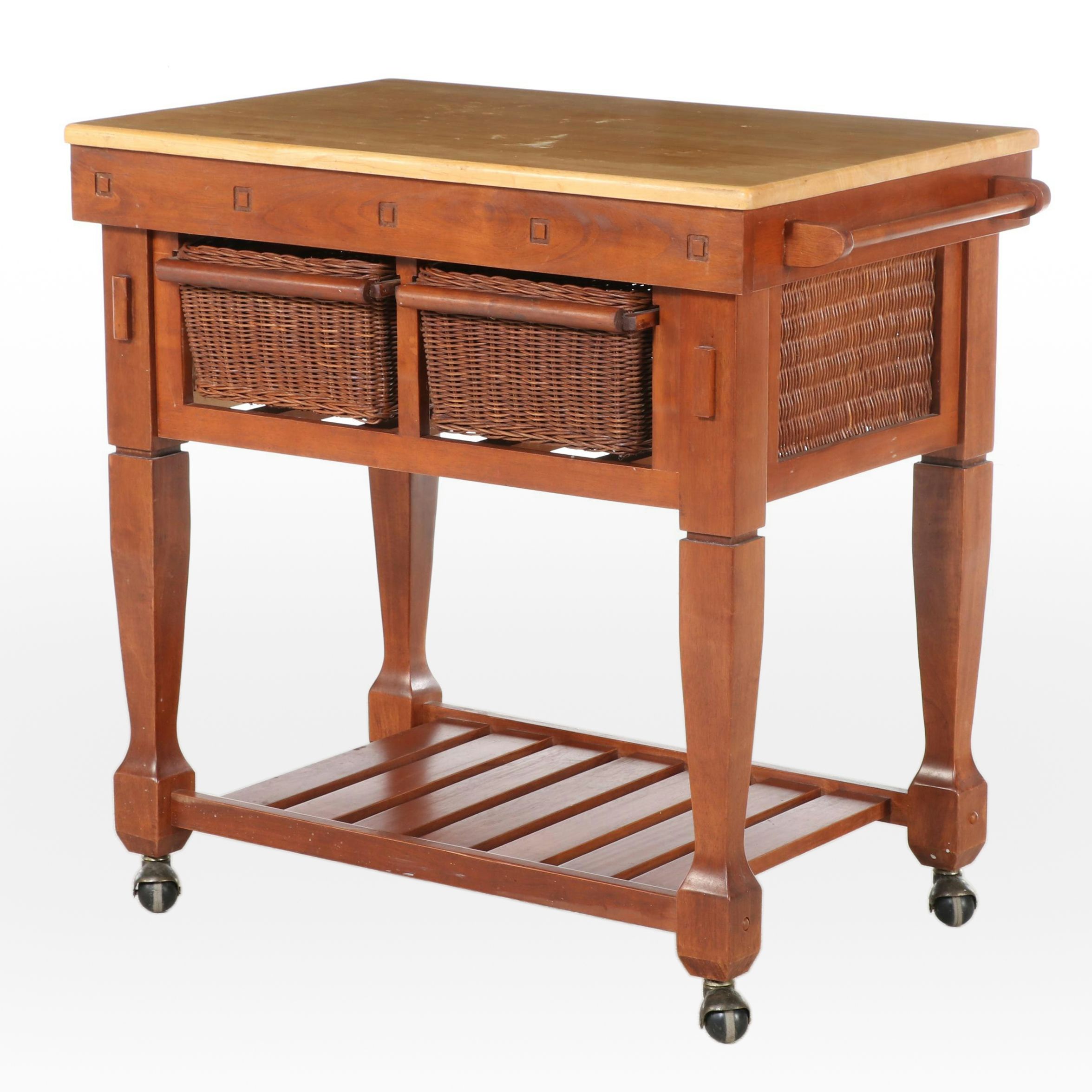 Contemporary Hardwood and Wicker Kitchen Cart with Baskets