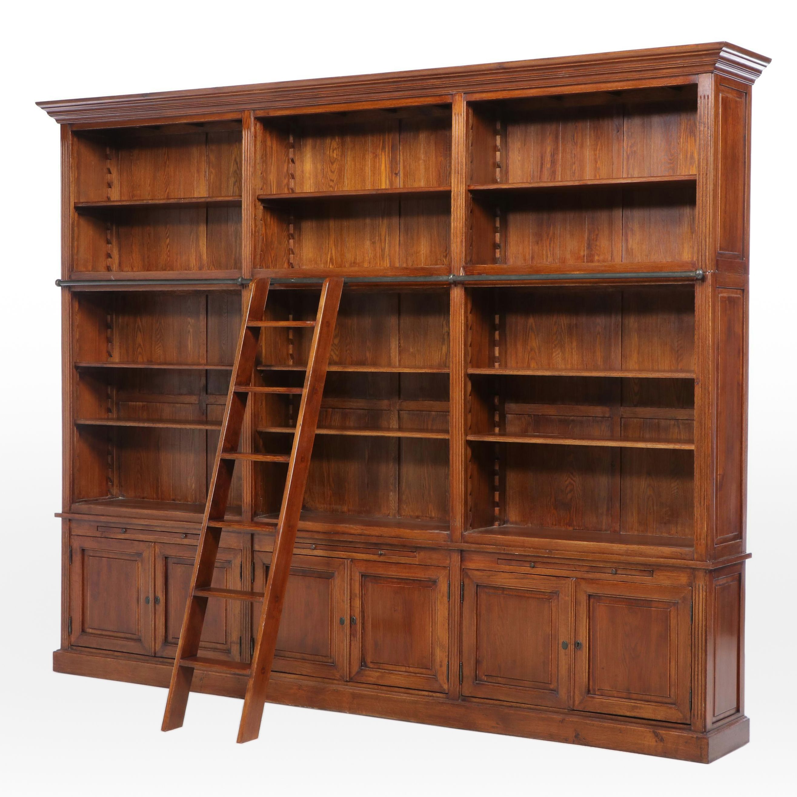 Sarreid Monumental Oak-Veneered Library Bookcase with Ladder