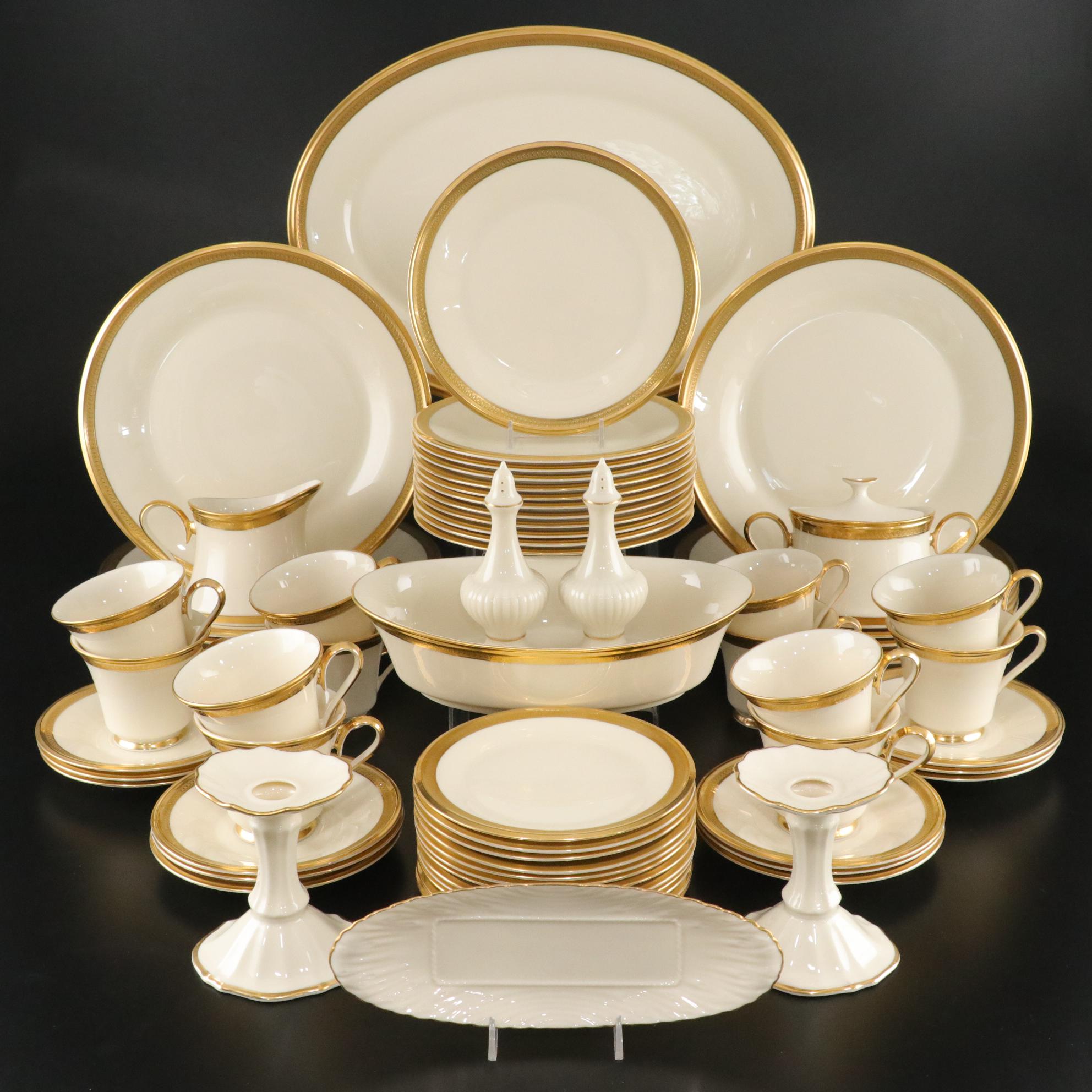 Lenox "Aristocrat" Bone China Gold Trim Dinnerware Set For 12 With Extras