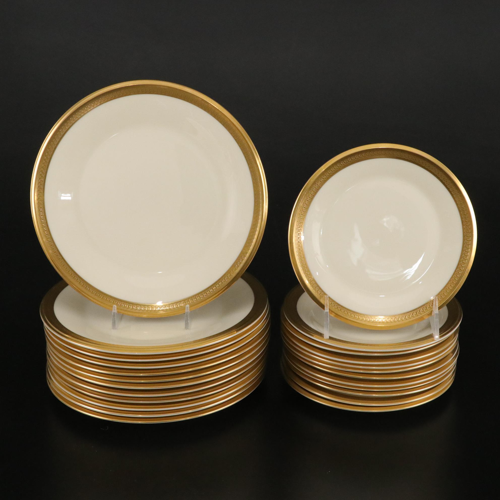 Lenox "Aristocrat" Bone China Gold Trim Dinnerware Set For 12 With Extras