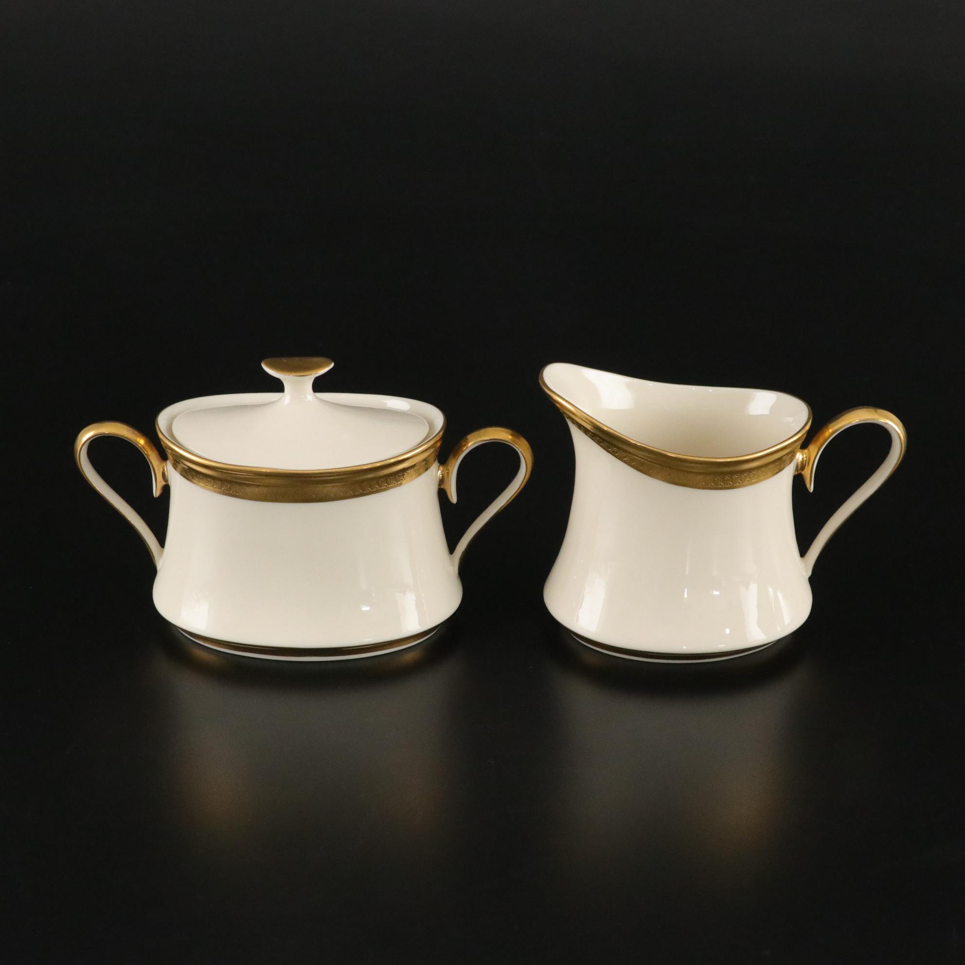 Lenox "Aristocrat" Bone China Gold Trim Dinnerware Set For 12 With Extras