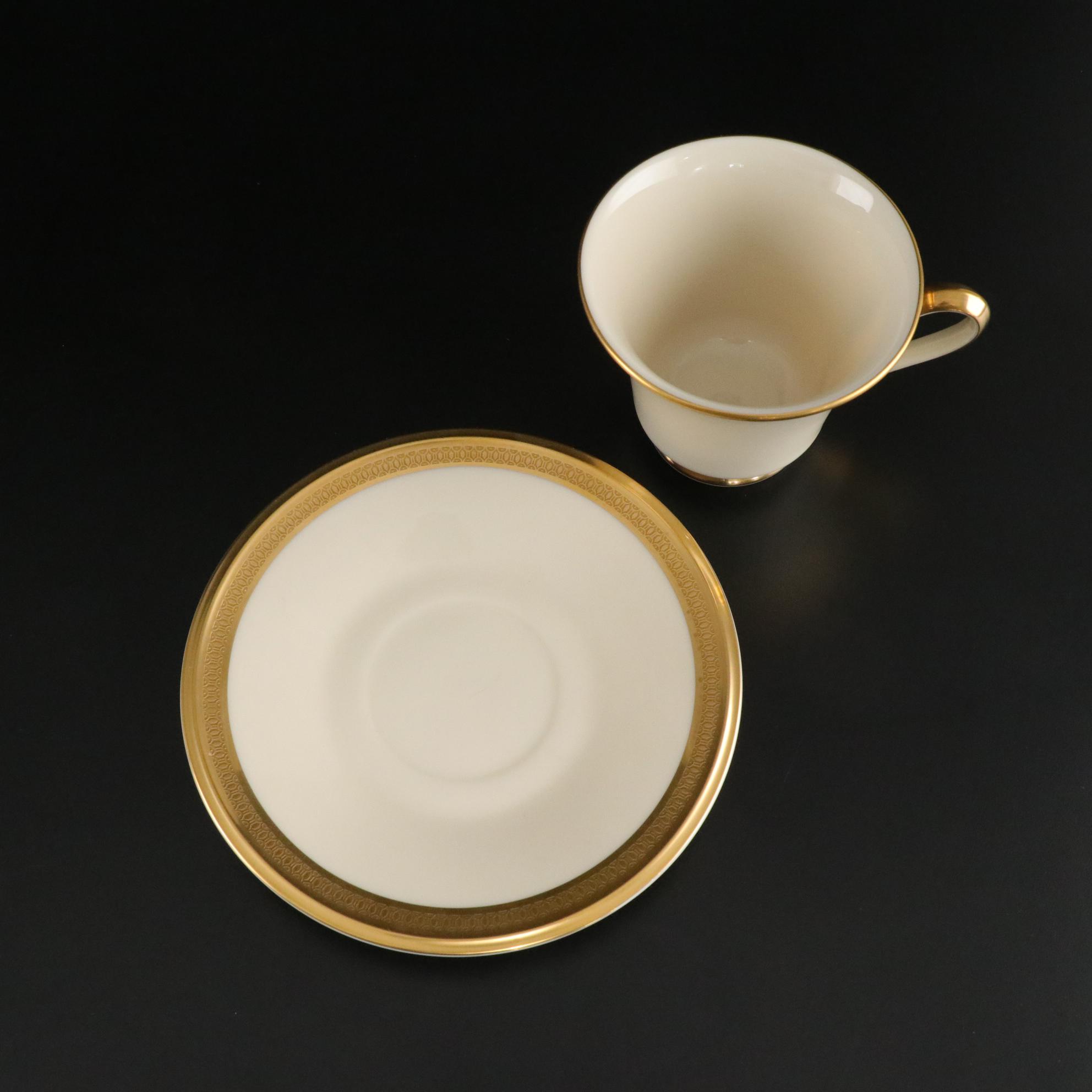 Lenox "Aristocrat" Bone China Gold Trim Dinnerware Set For 12 With Extras