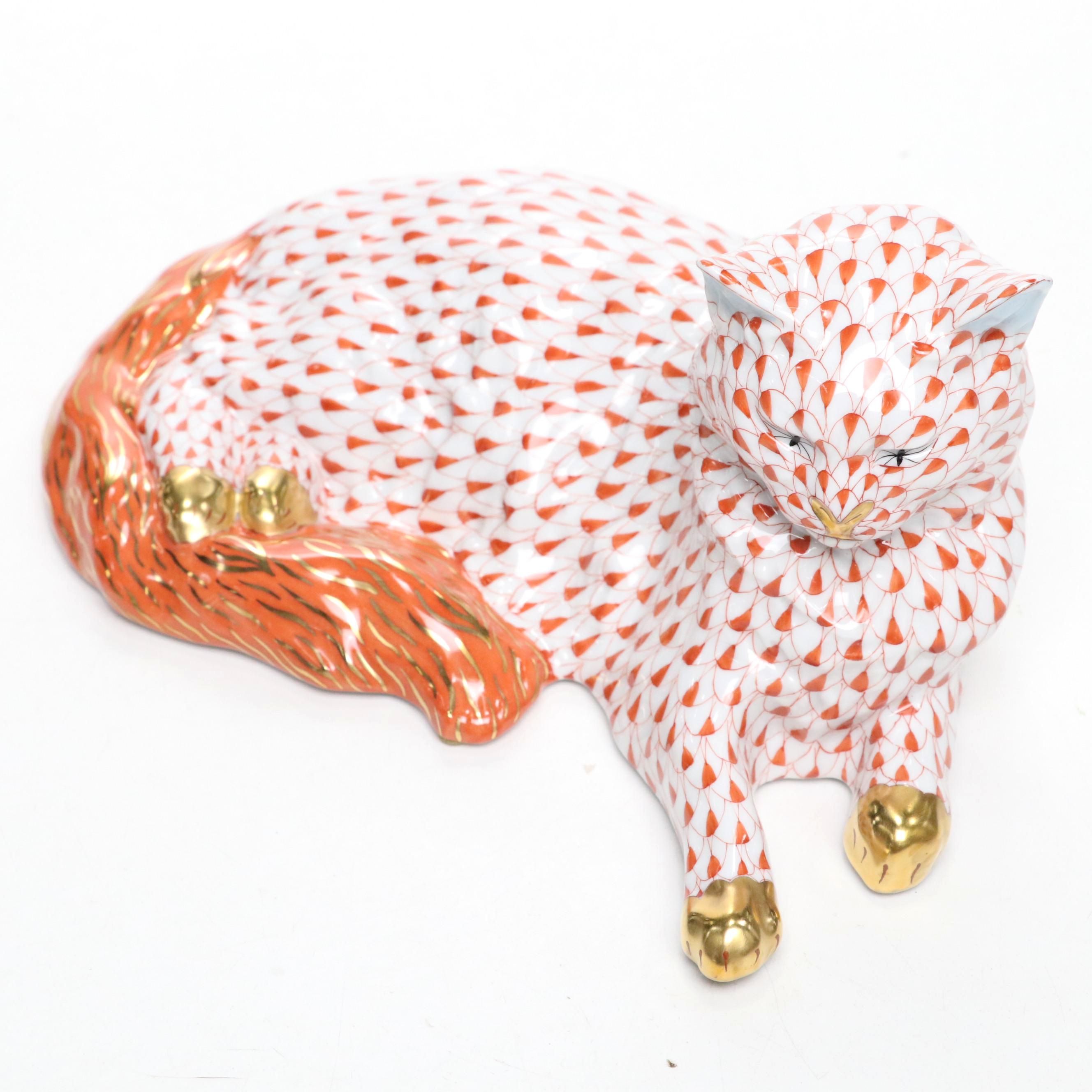 Herend Rust Fishnet with Gold "Lying Cat" Large Porcelain Figurine