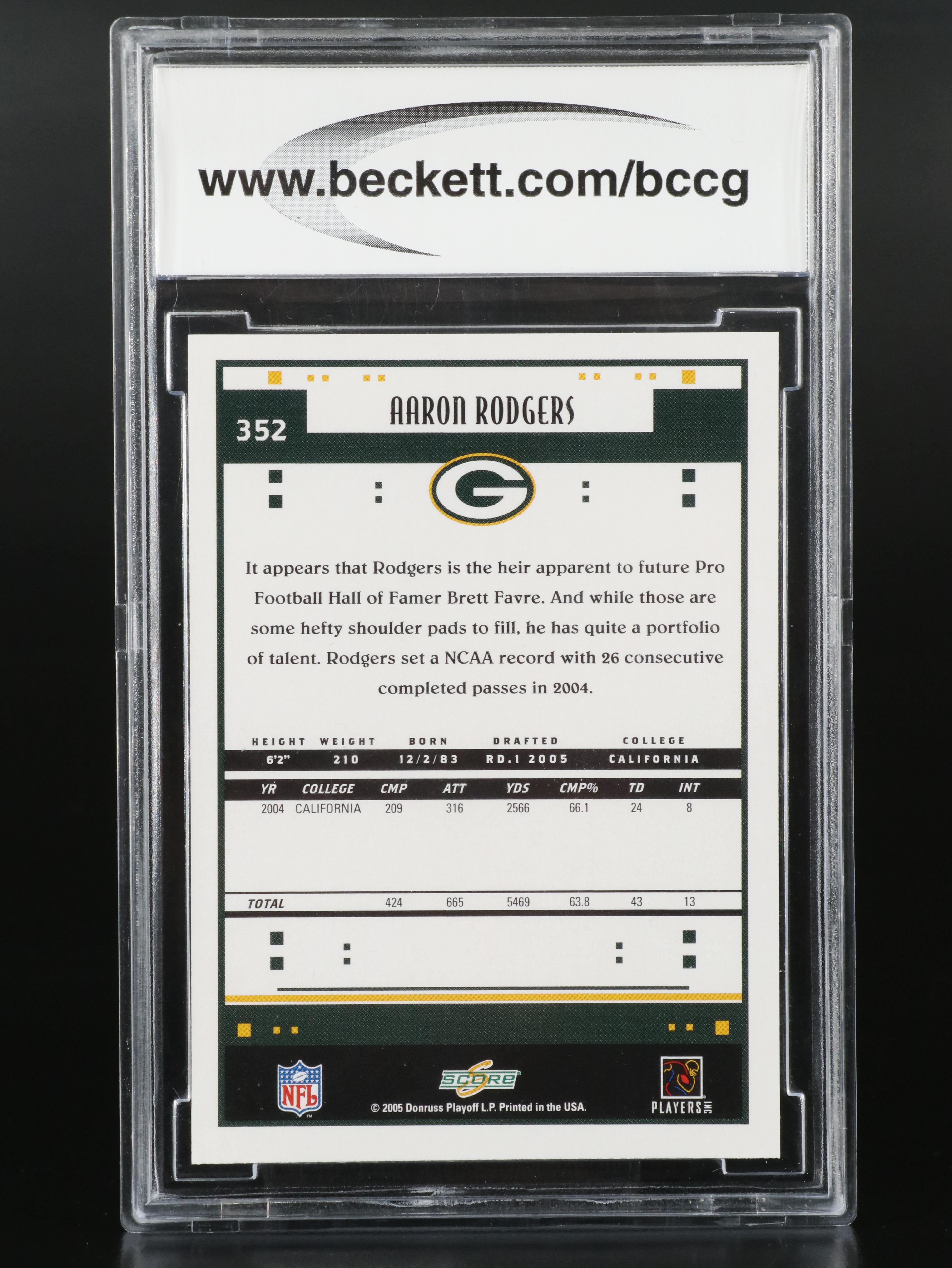 2005 Score Aaron Rodgers Glossy Rookie Football Card Graded BCCG 10