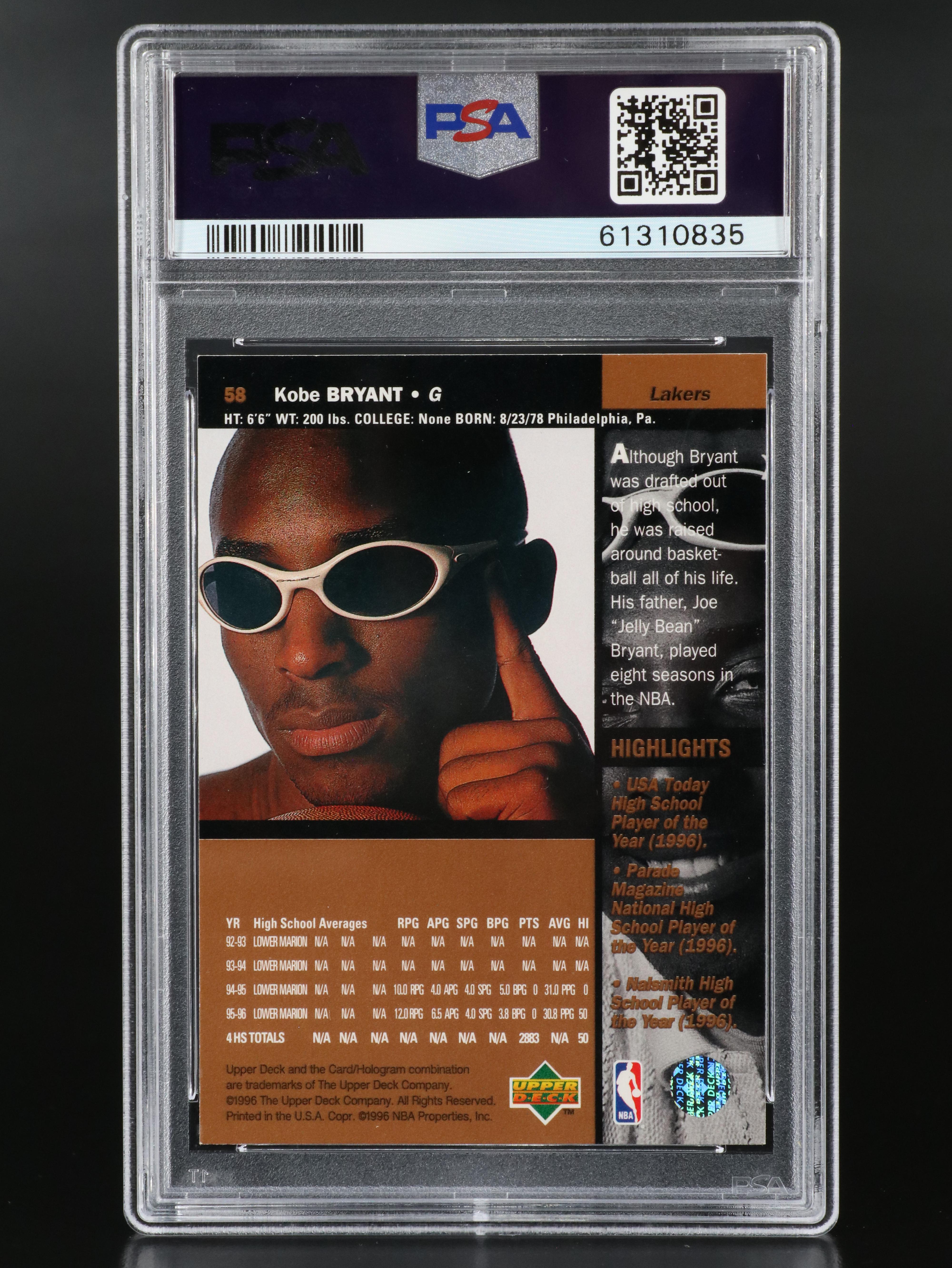 1996 Upper Deck Kobe Bryant Rookie Basketball Card Graded PSA 9