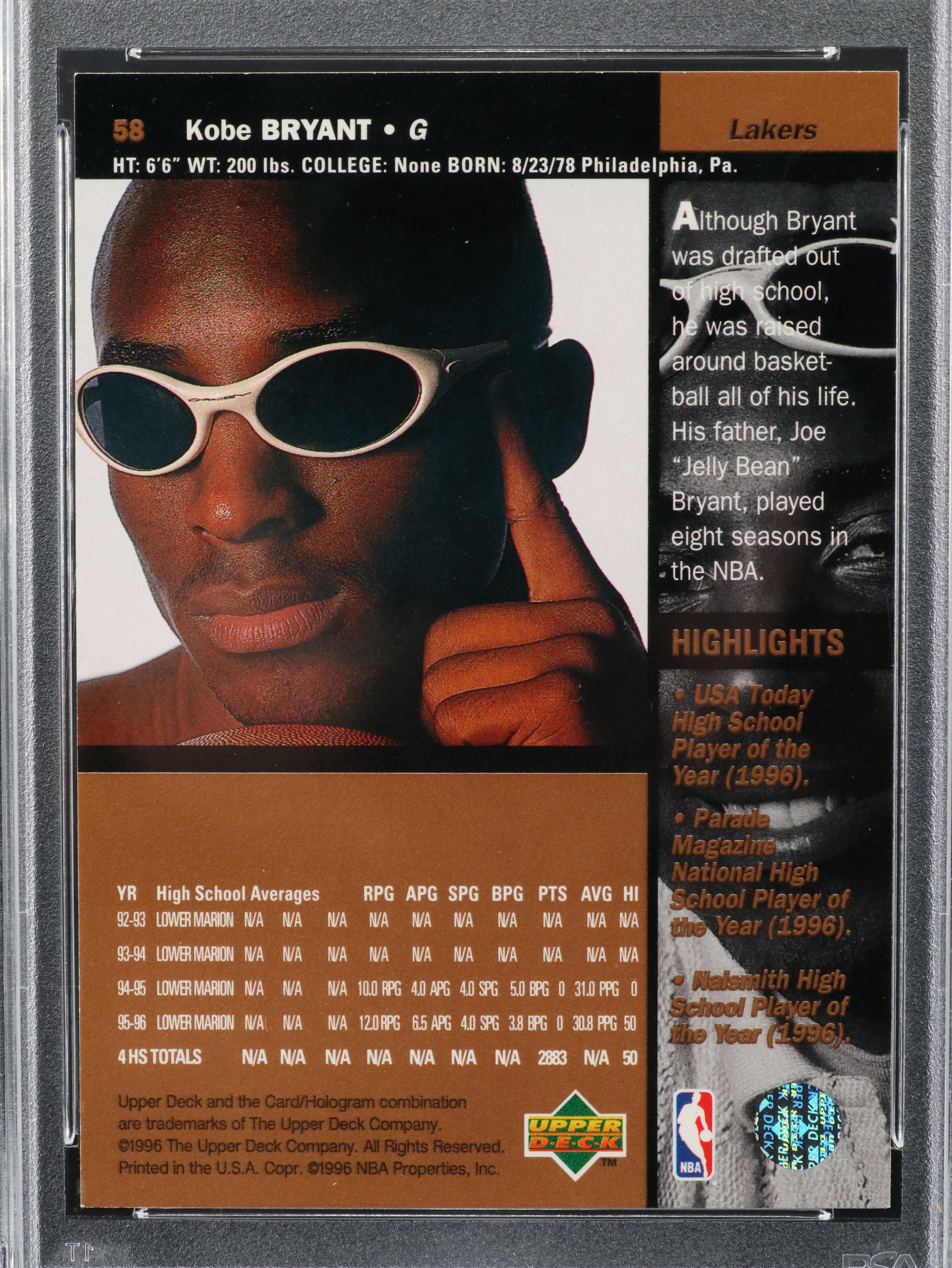 1996 Upper Deck Kobe Bryant Rookie Basketball Card Graded PSA 9