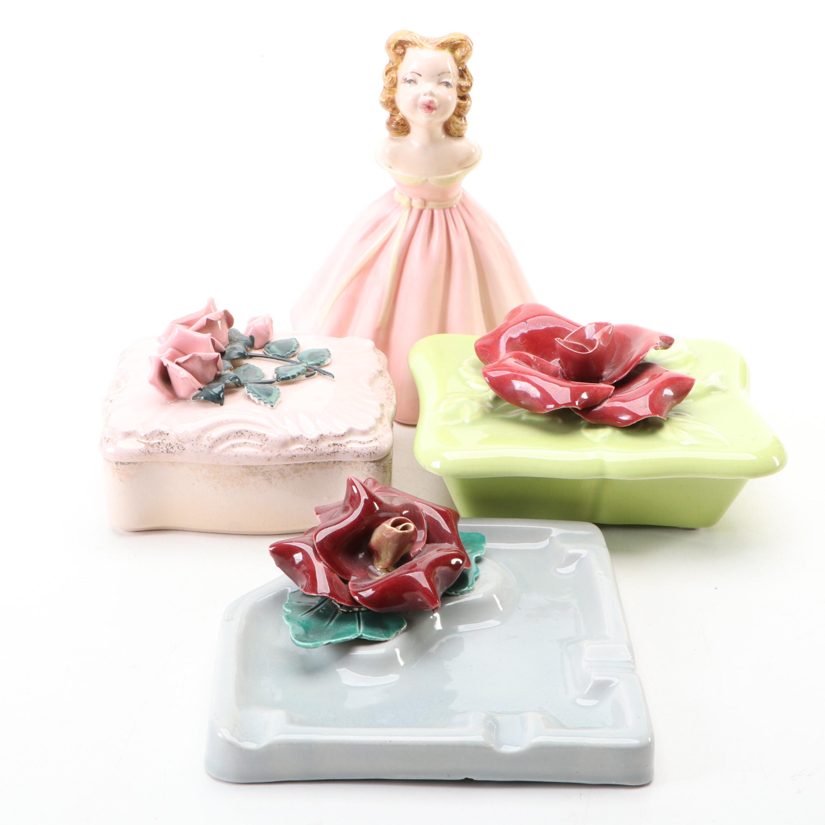 Lefton Porcelain & Other Floral Boxes, Ashtray and Figurine