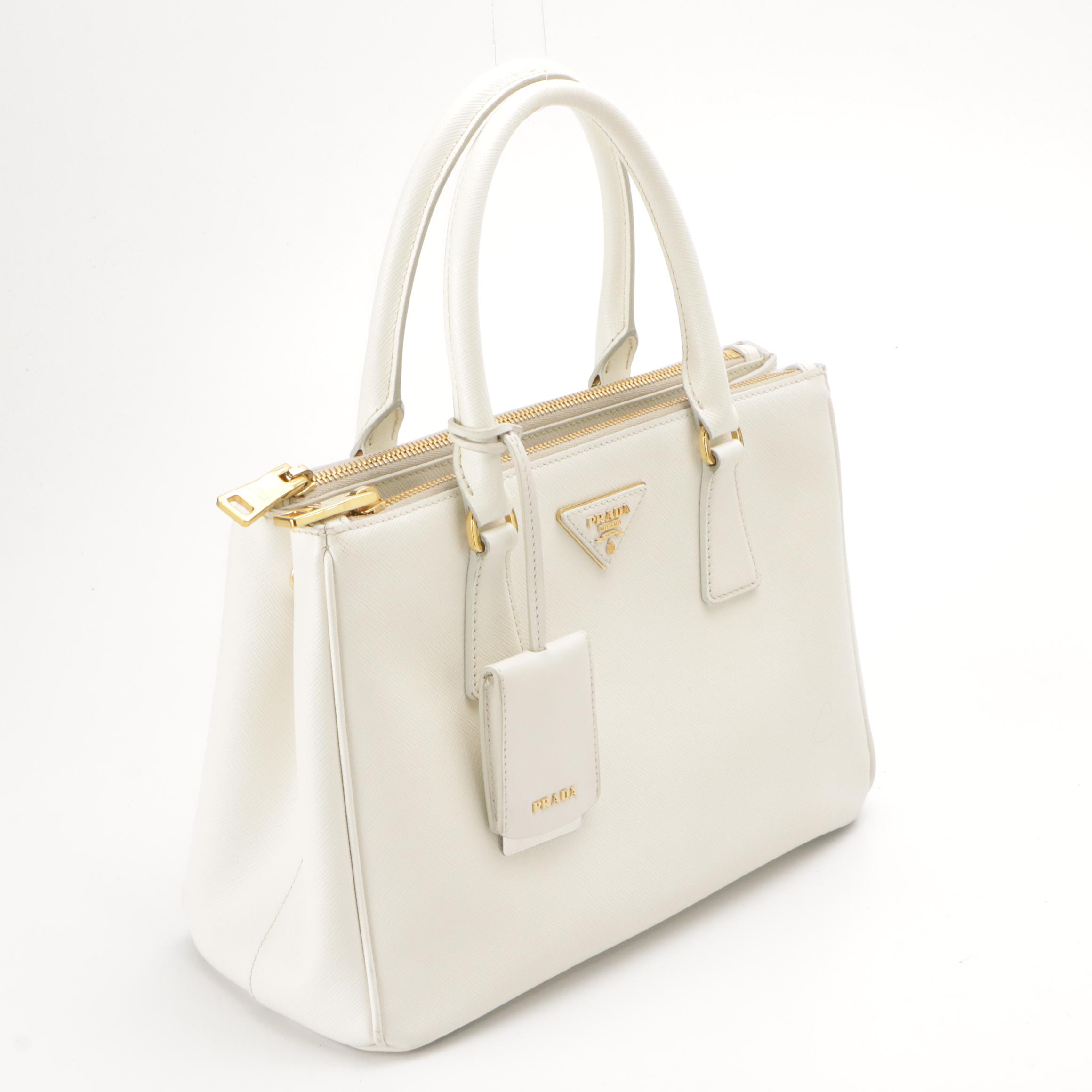 Prada White Saffiano Leather Double-Zip Top Handle Tote