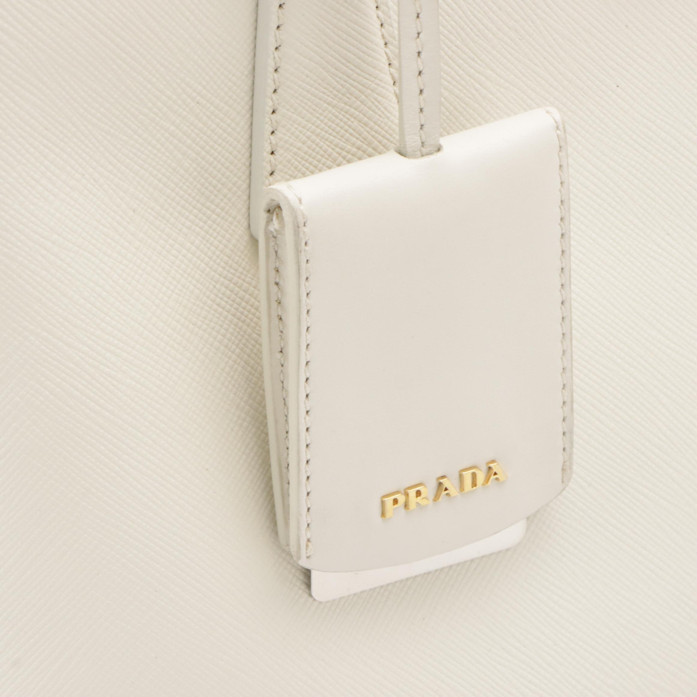 Prada White Saffiano Leather Double-Zip Top Handle Tote