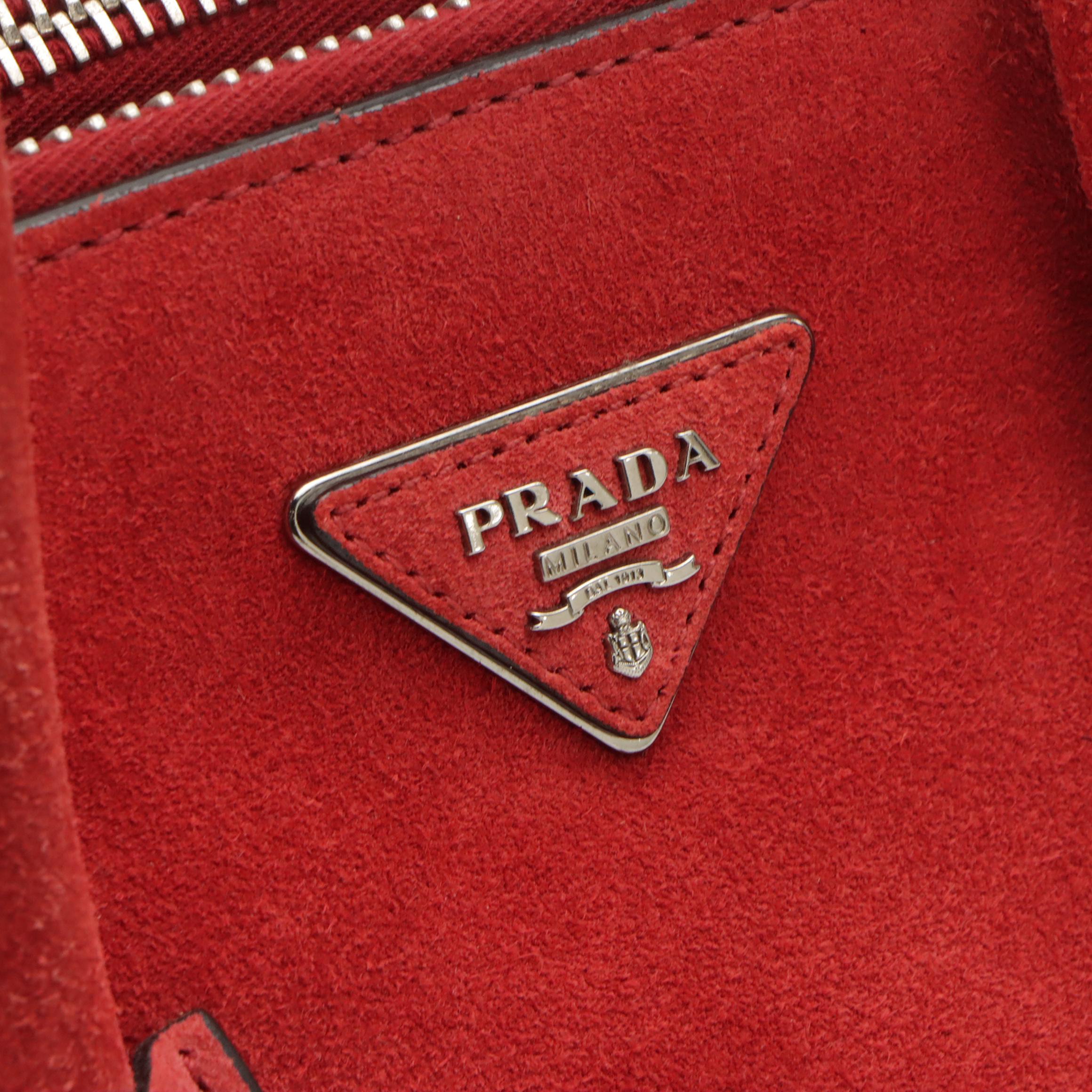 Prada Twin Pocket Two-Way Tote Bag in Red Suede and Lambskin Leather