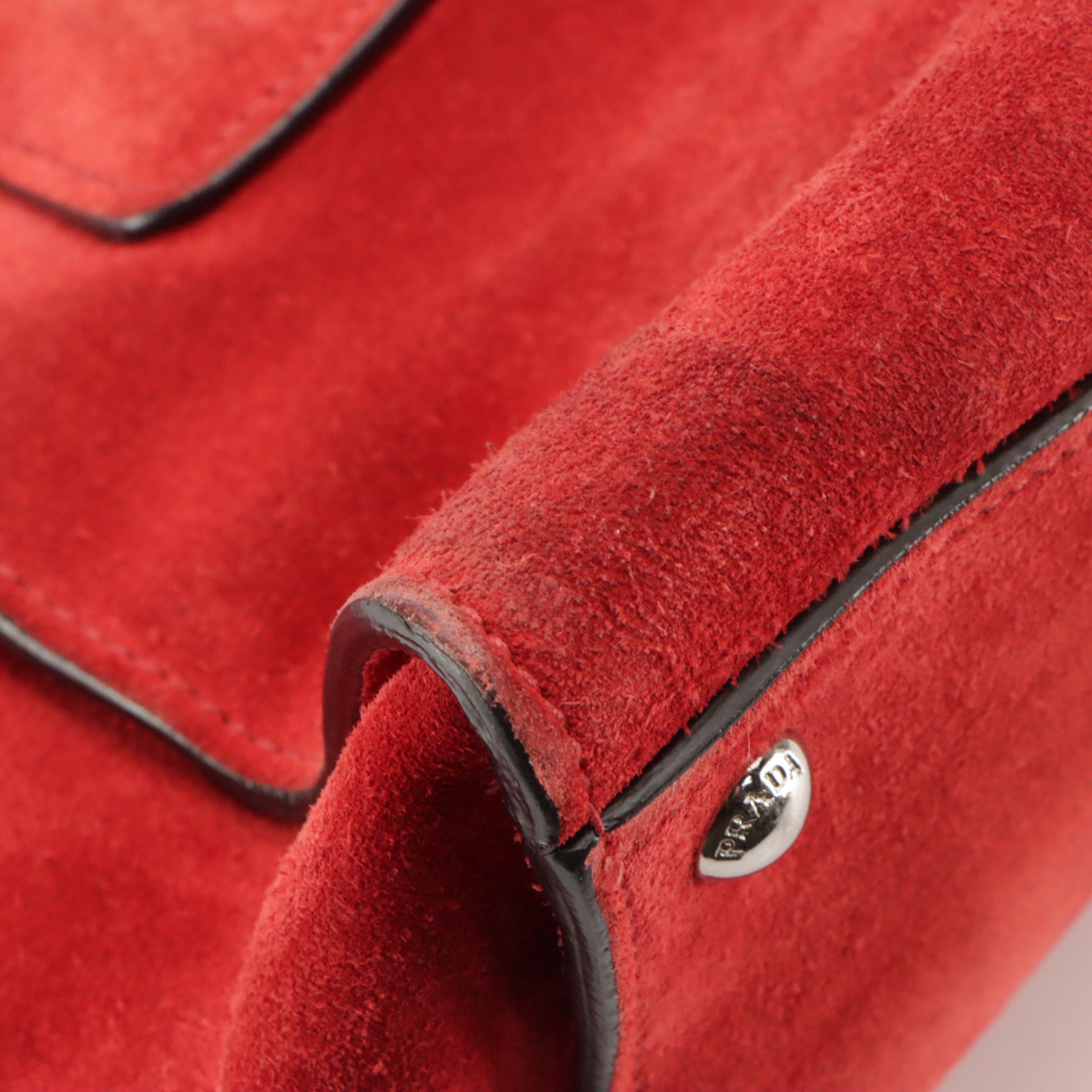 Prada Twin Pocket Two-Way Tote Bag in Red Suede and Lambskin Leather