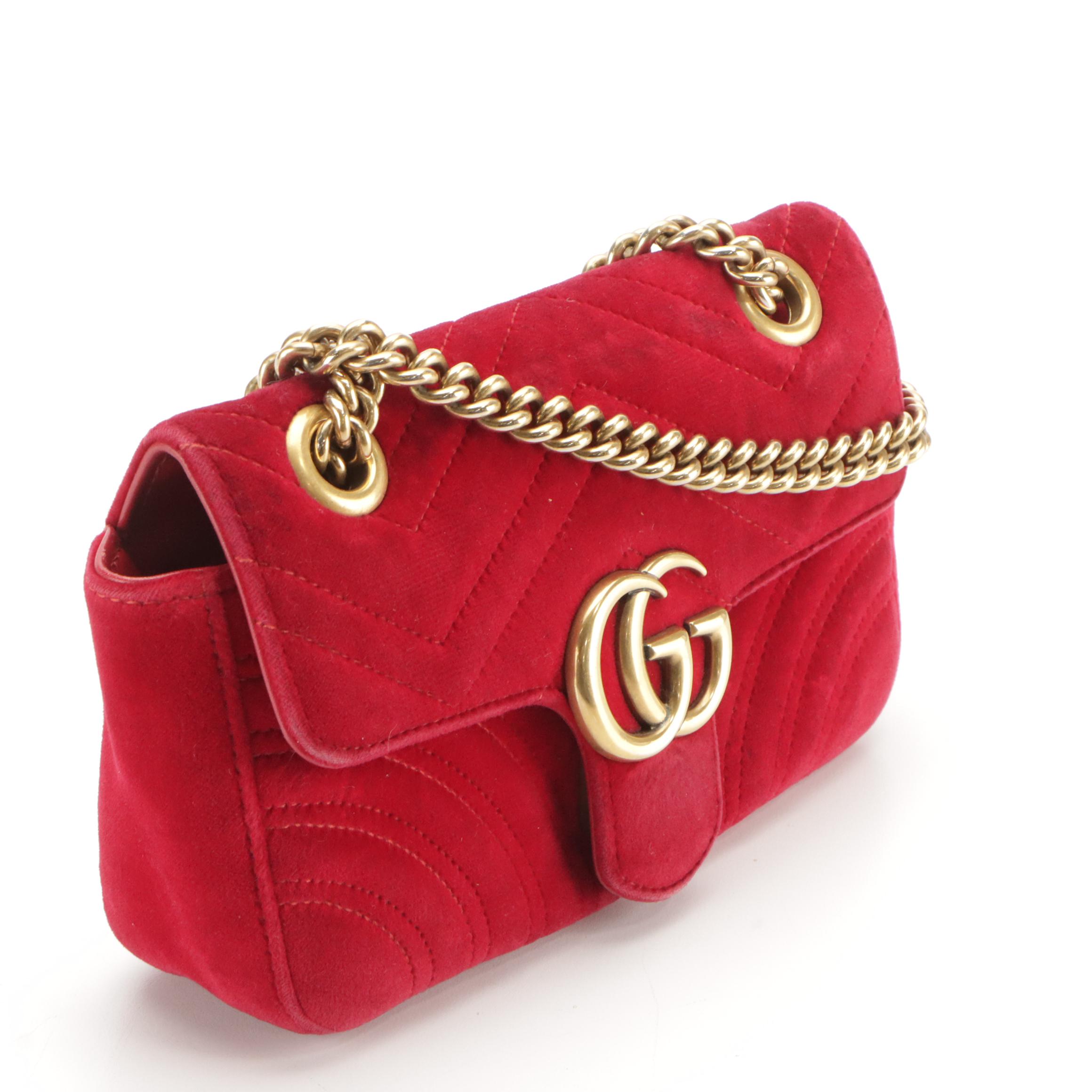 Gucci GG Marmont Flap Crossbody Chain Bag in Matelassé Chevron Red Velvet