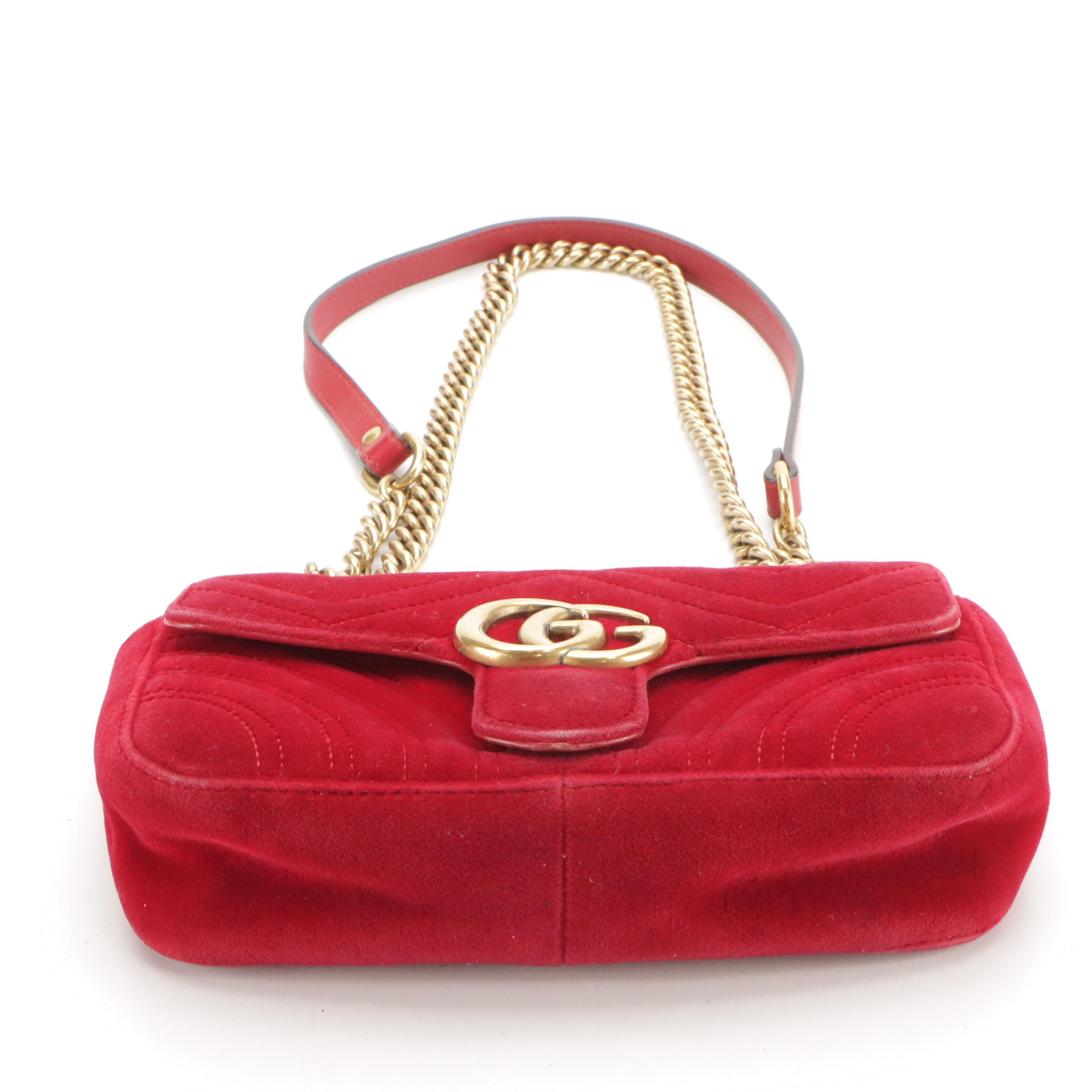 Gucci GG Marmont Flap Crossbody Chain Bag in Matelassé Chevron Red Velvet