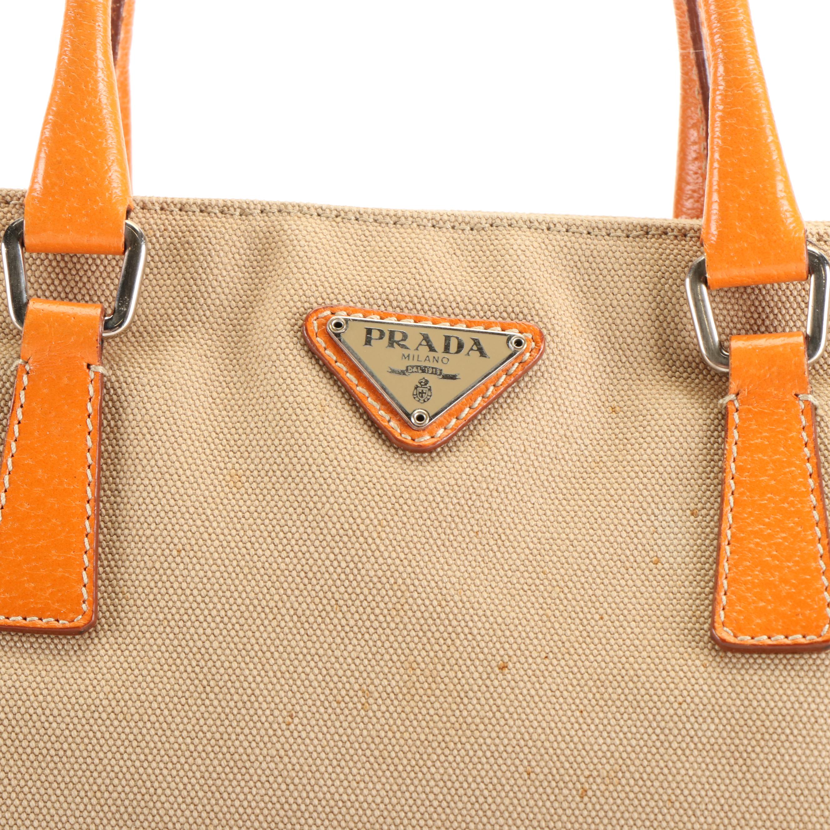 Prada Triangle Logo Tote Bag in Beige Canvas and Orange Leather