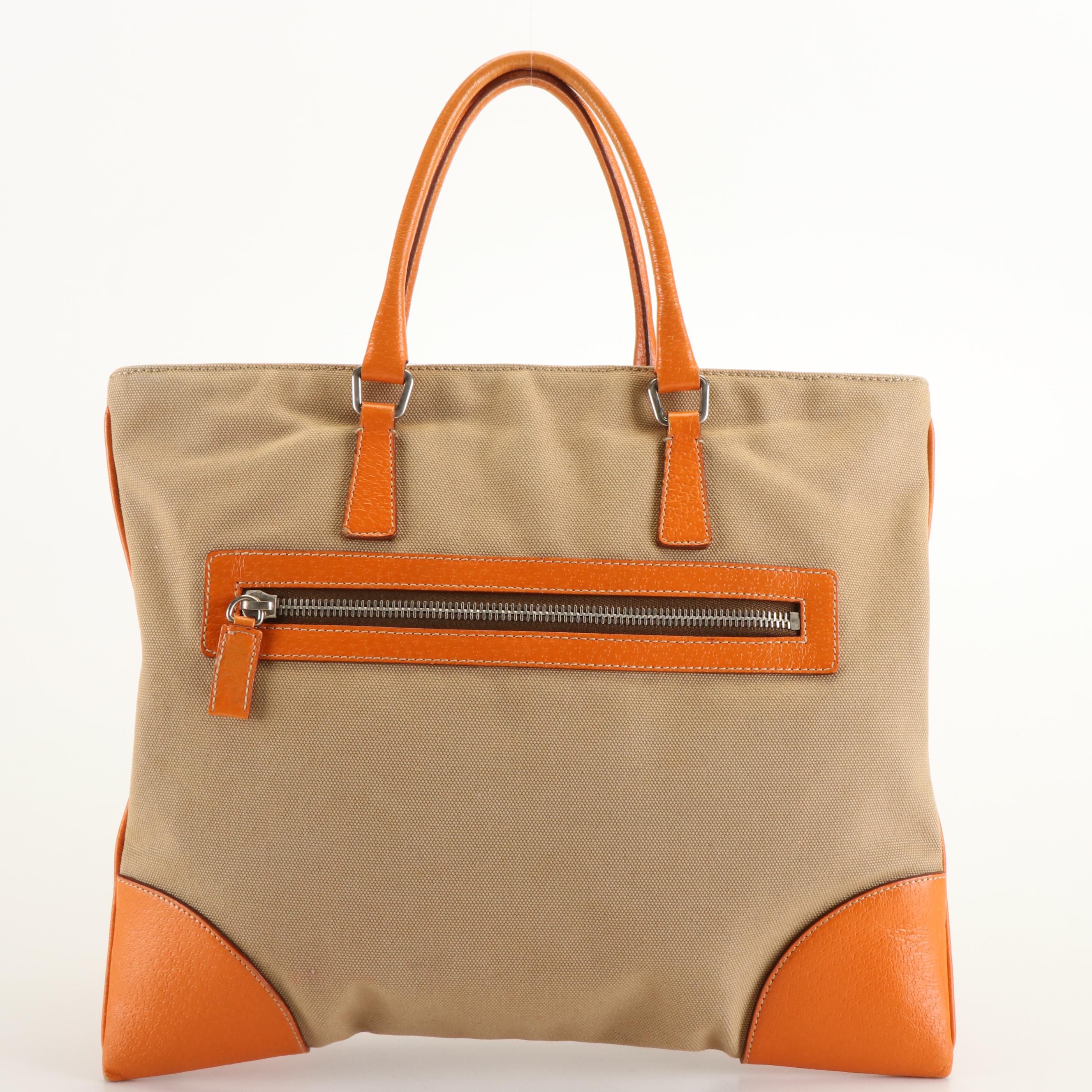 Prada Triangle Logo Tote Bag in Beige Canvas and Orange Leather