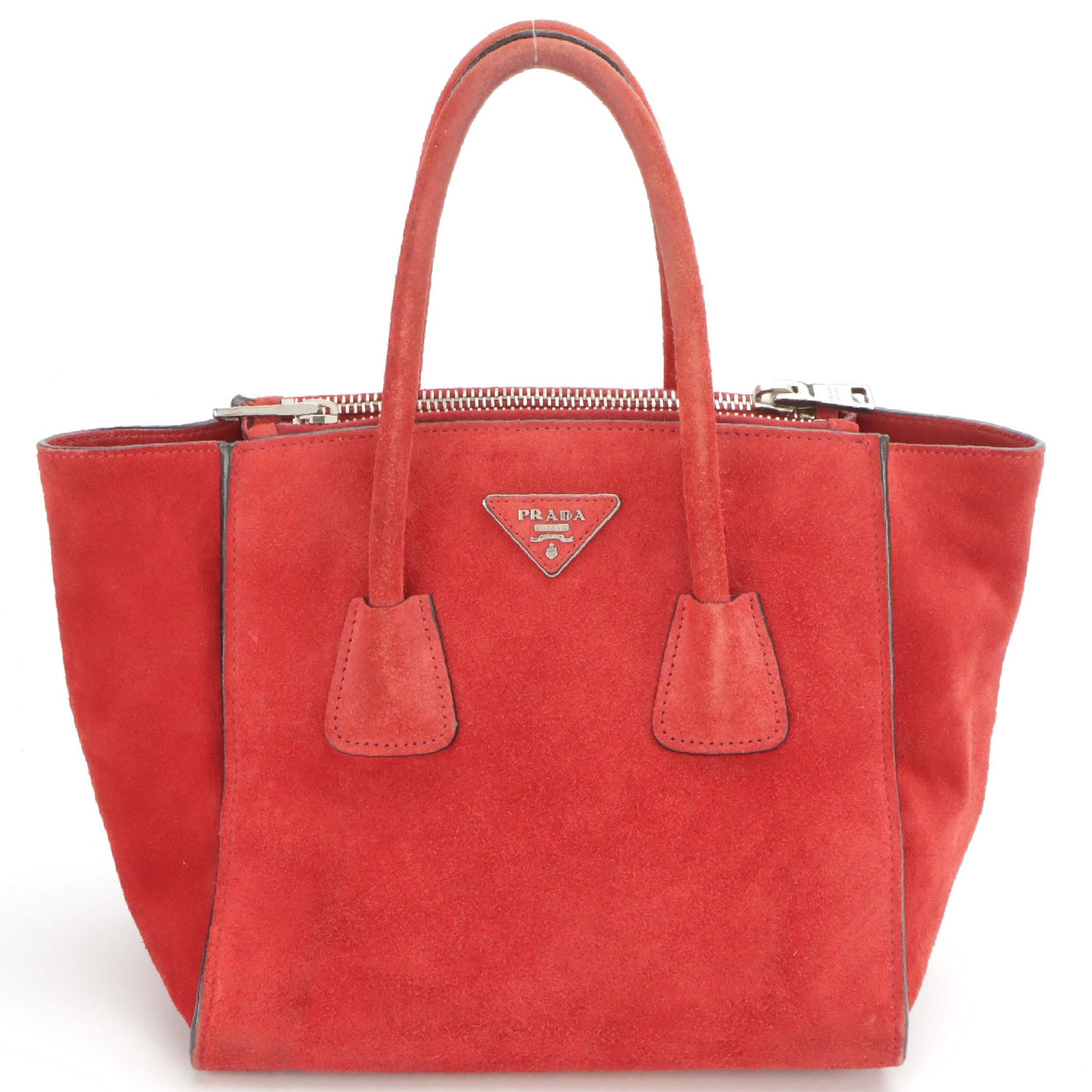 Prada Twin Pocket Two-Way Tote Bag in Red Suede and Lambskin Leather