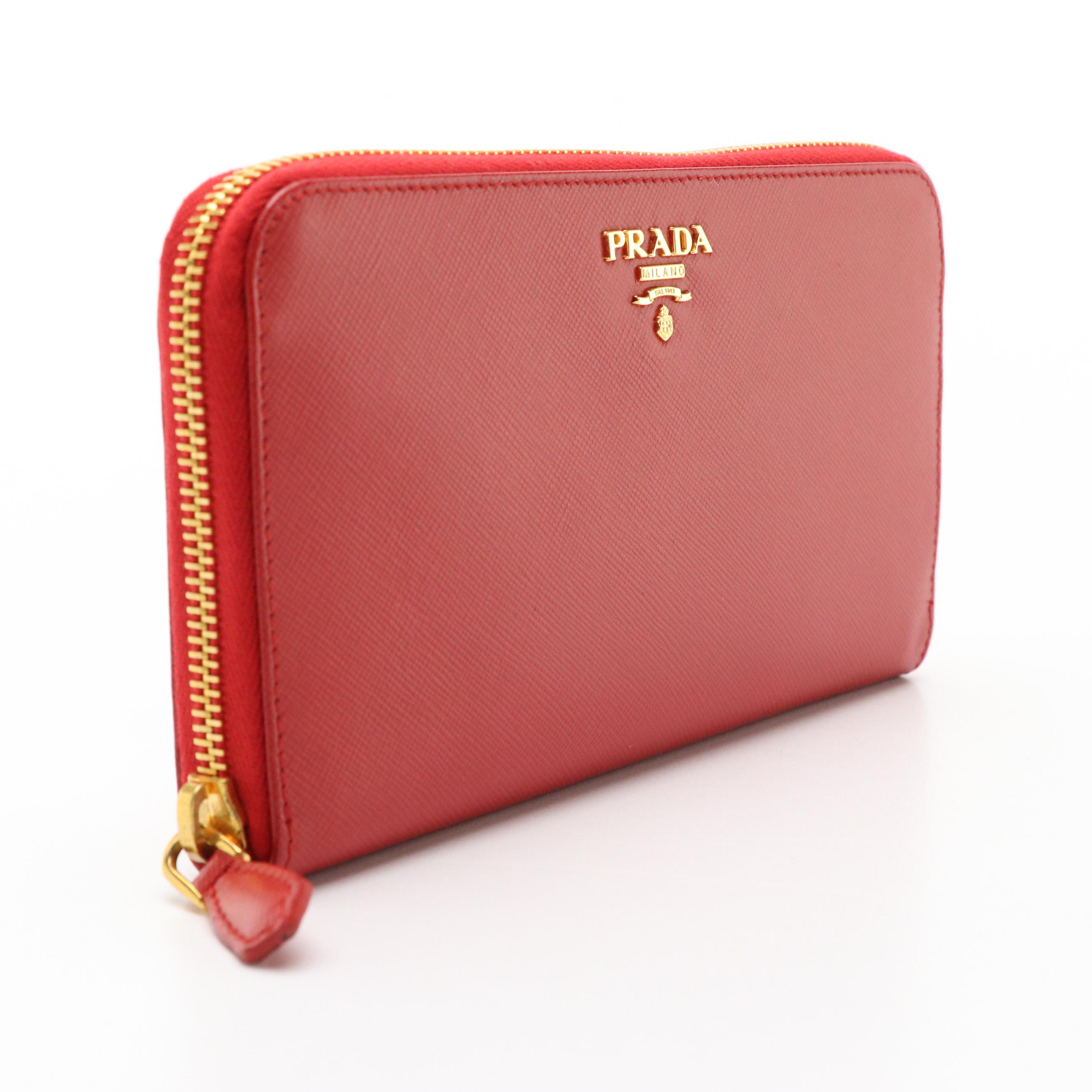 Prada Large Zip Around Wallet in Fiery Red Saffiano Leather with Box