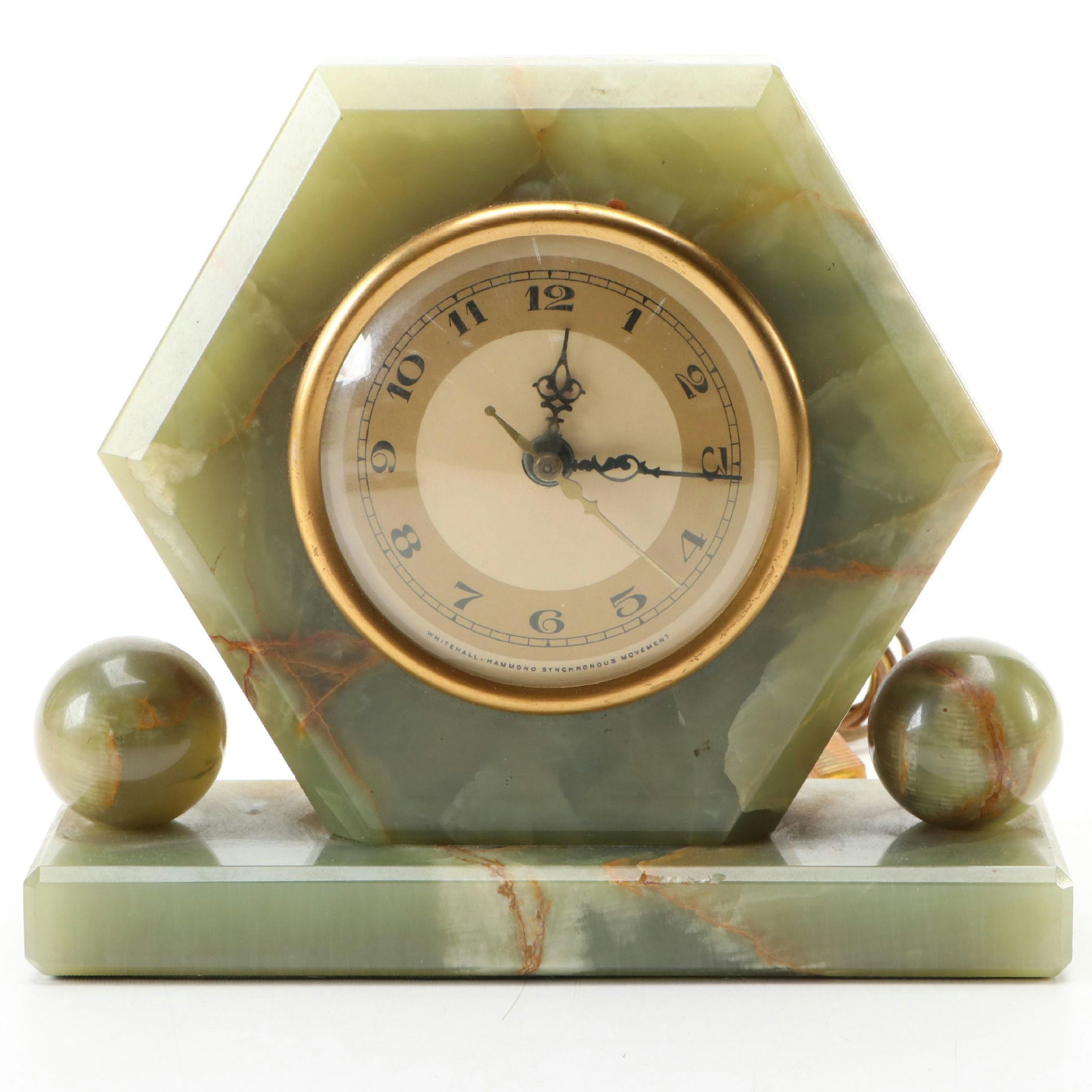 Whitehall-Hammond Art Deco Style Green Calcite Synchronous Movement Clock