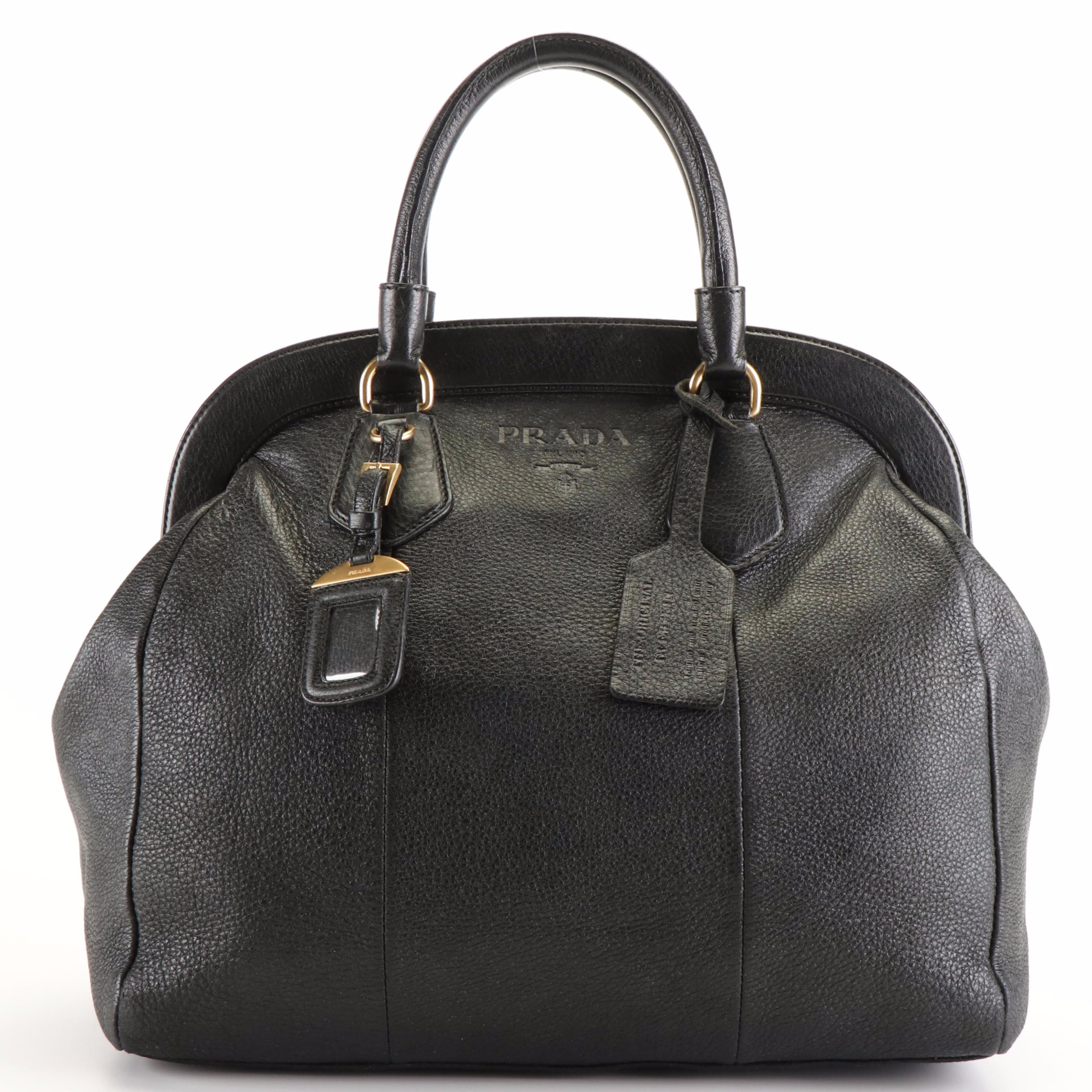 Prada Frame Tote Bag in Black Vitello Daino Leather