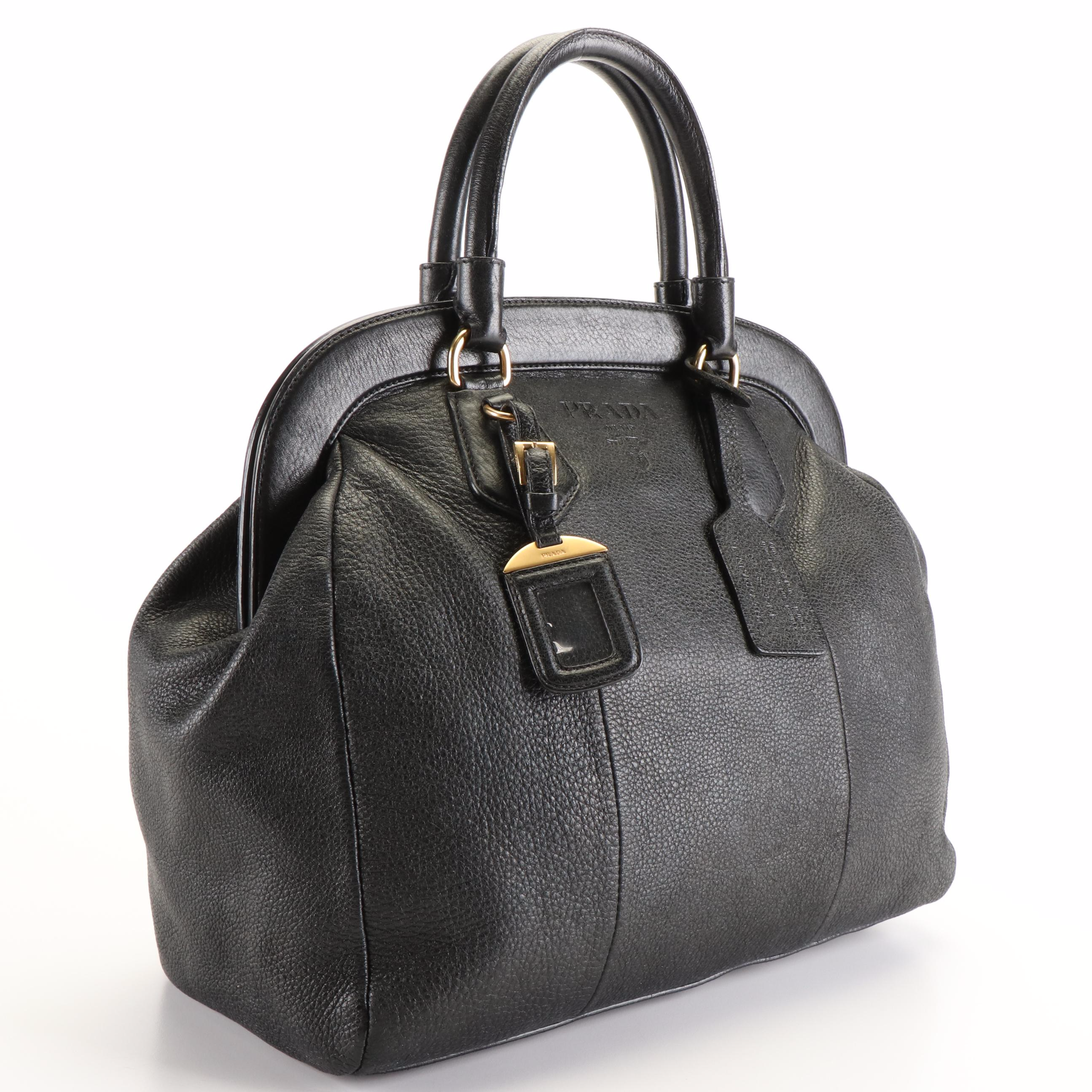 Prada Frame Tote Bag in Black Vitello Daino Leather