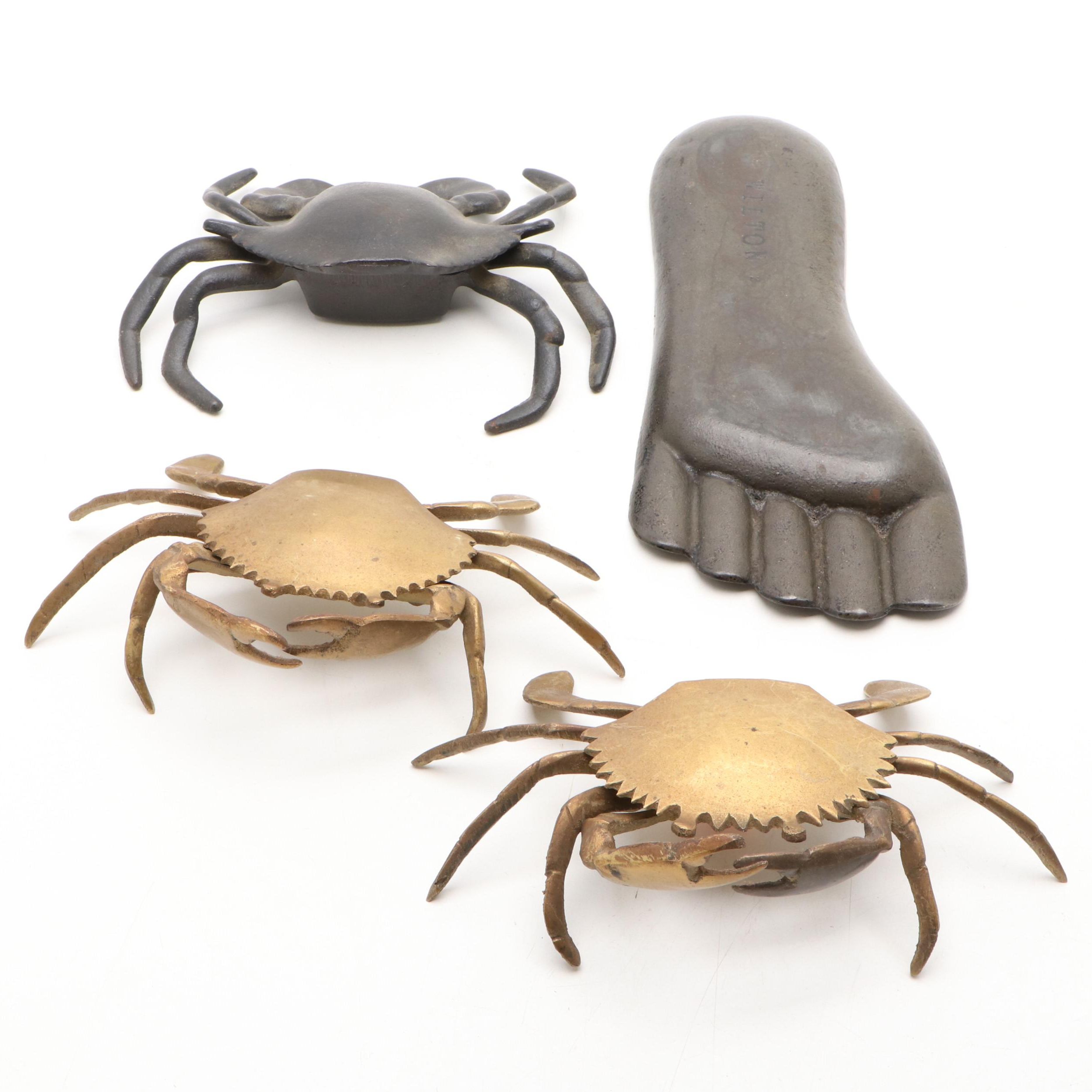 Brass Crab Lidded Ashtrays, Wilton Steel Paperclip Crab and Foot Ashtray