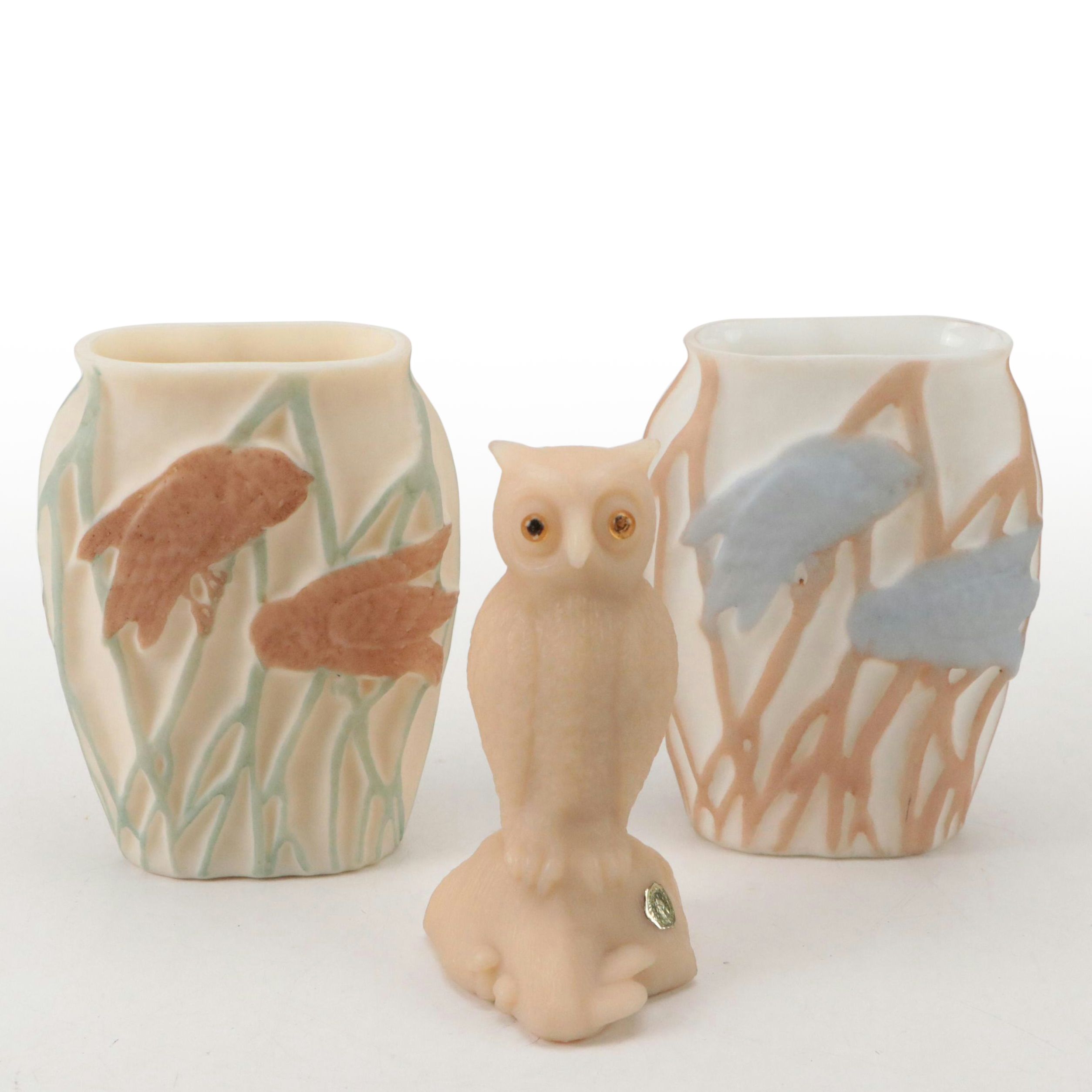 Consolidated Glass Co. Embossed Vases with Westmoreland Glass Owl