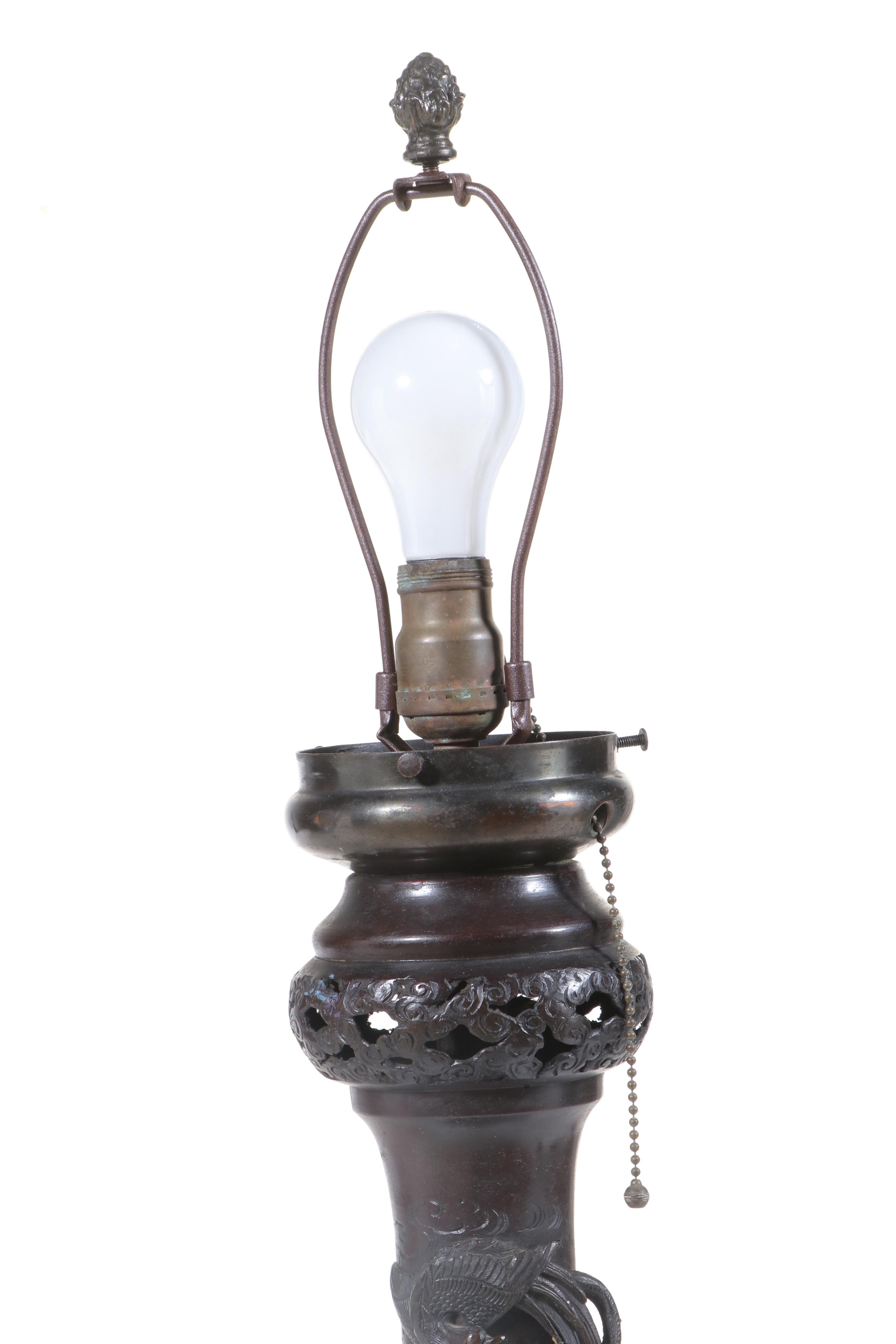 Japanese Meiji Style Cast Bronze Dragon & Phoenix Floor Lamp, Adapted Mid-20th C