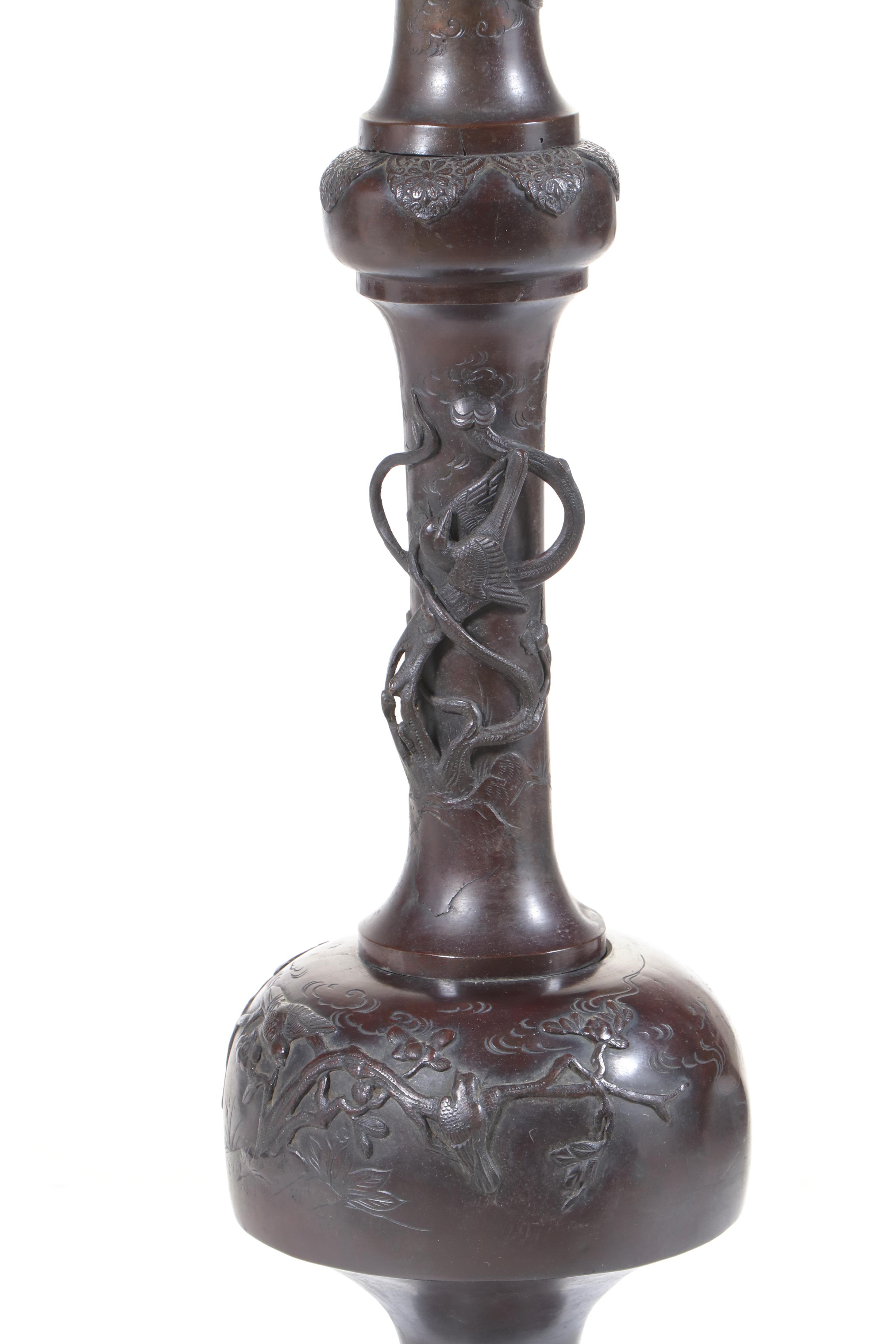 Japanese Meiji Style Cast Bronze Dragon & Phoenix Floor Lamp, Adapted Mid-20th C