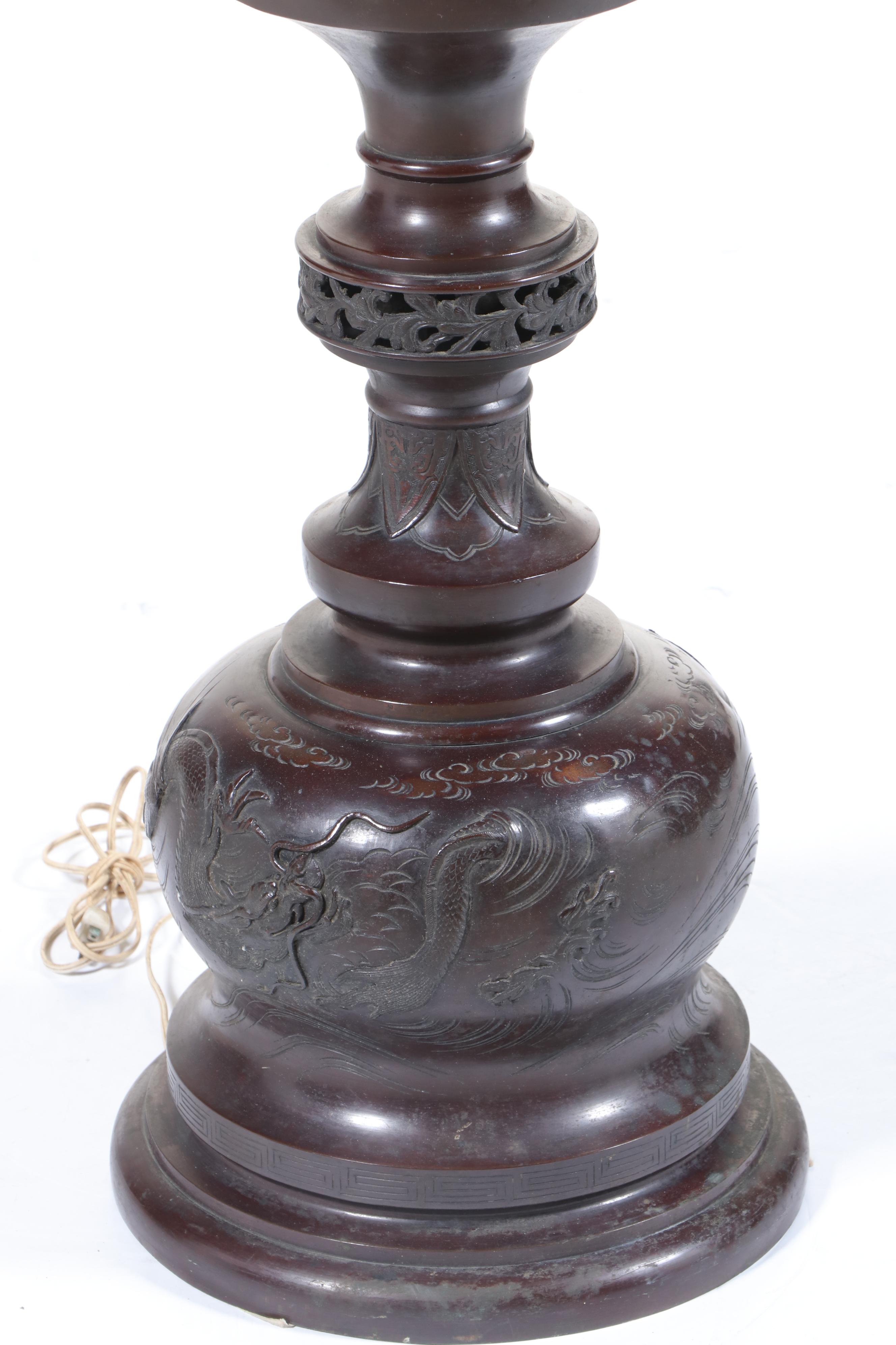 Japanese Meiji Style Cast Bronze Dragon & Phoenix Floor Lamp, Adapted Mid-20th C