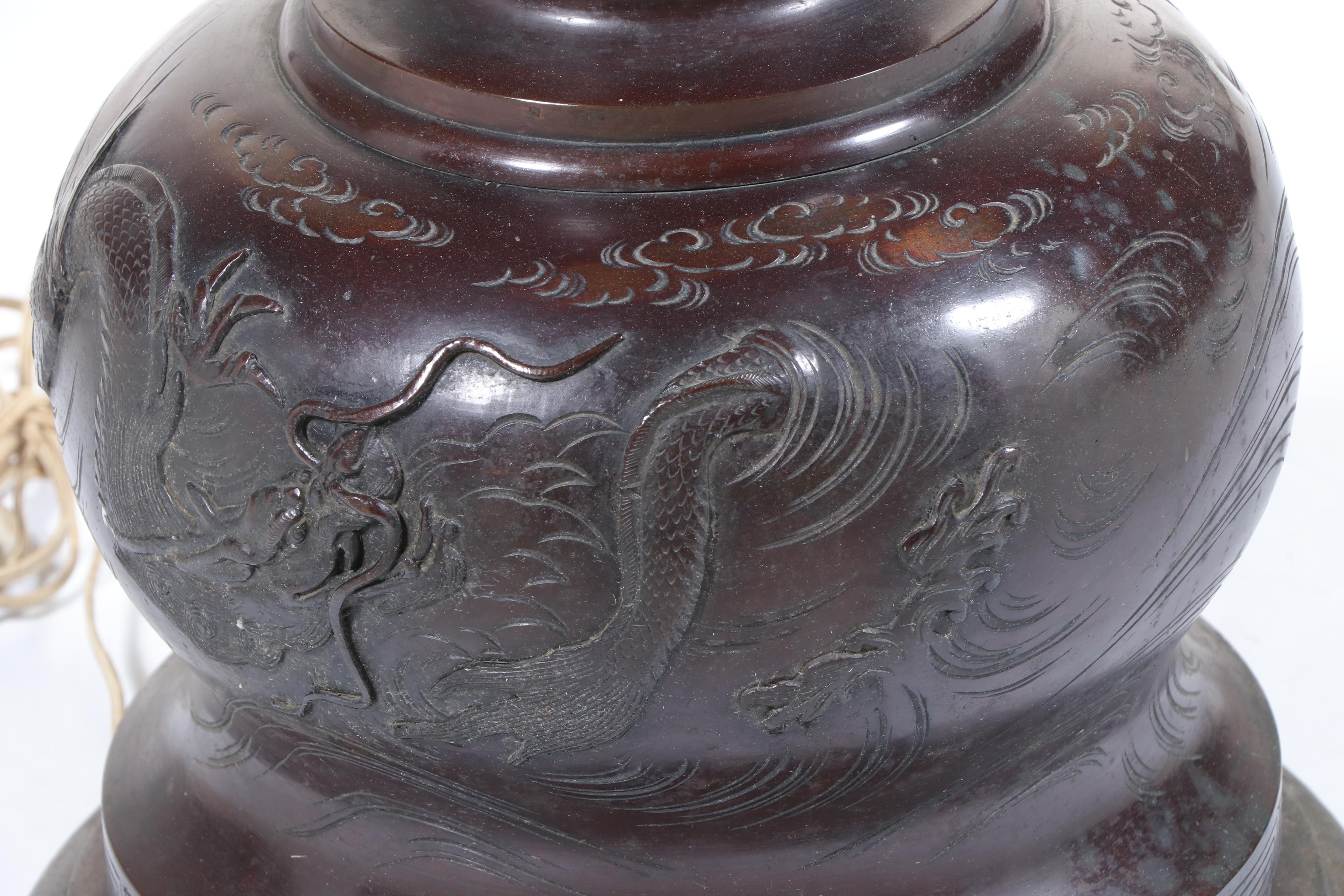 Japanese Meiji Style Cast Bronze Dragon & Phoenix Floor Lamp, Adapted Mid-20th C