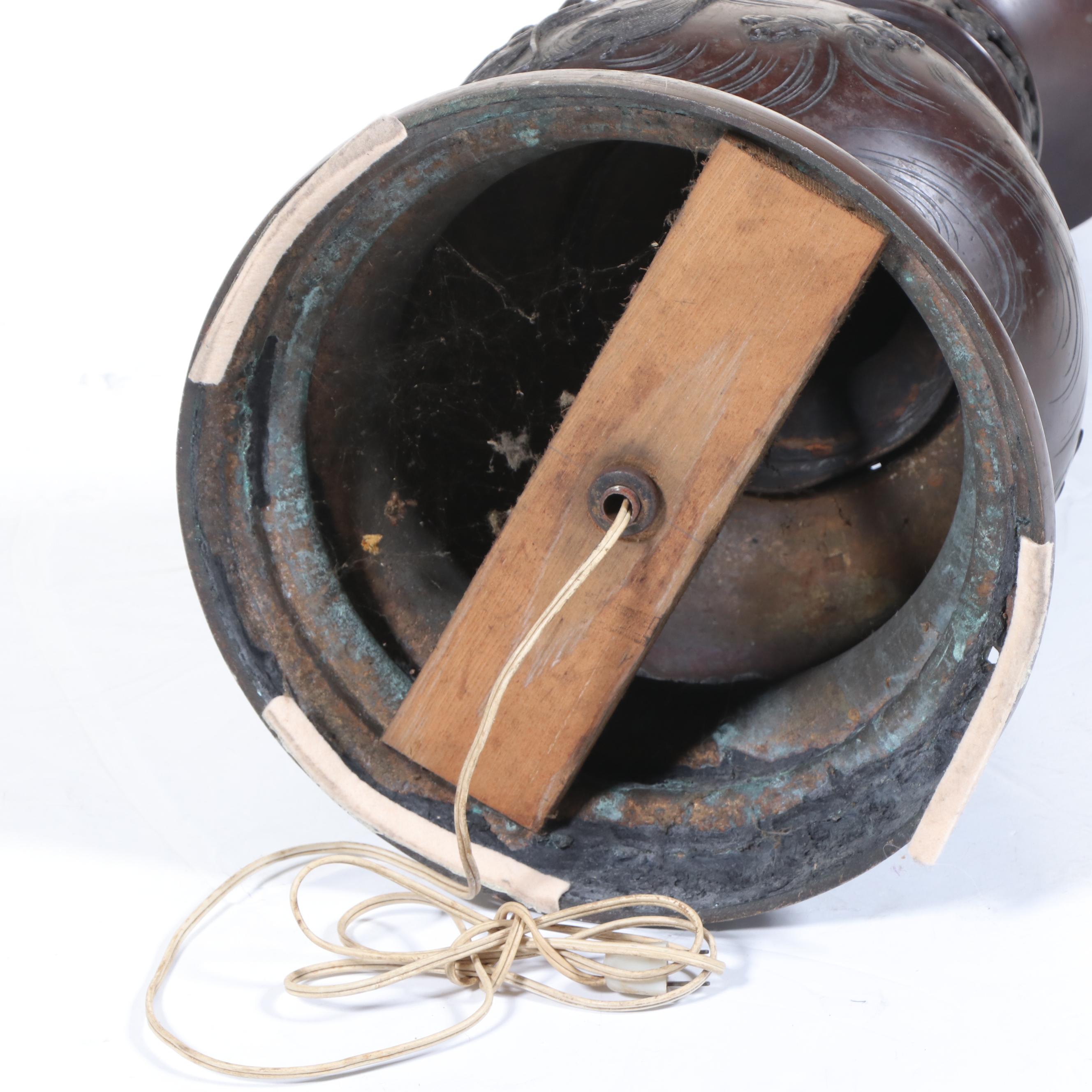 Japanese Meiji Style Cast Bronze Dragon & Phoenix Floor Lamp, Adapted Mid-20th C