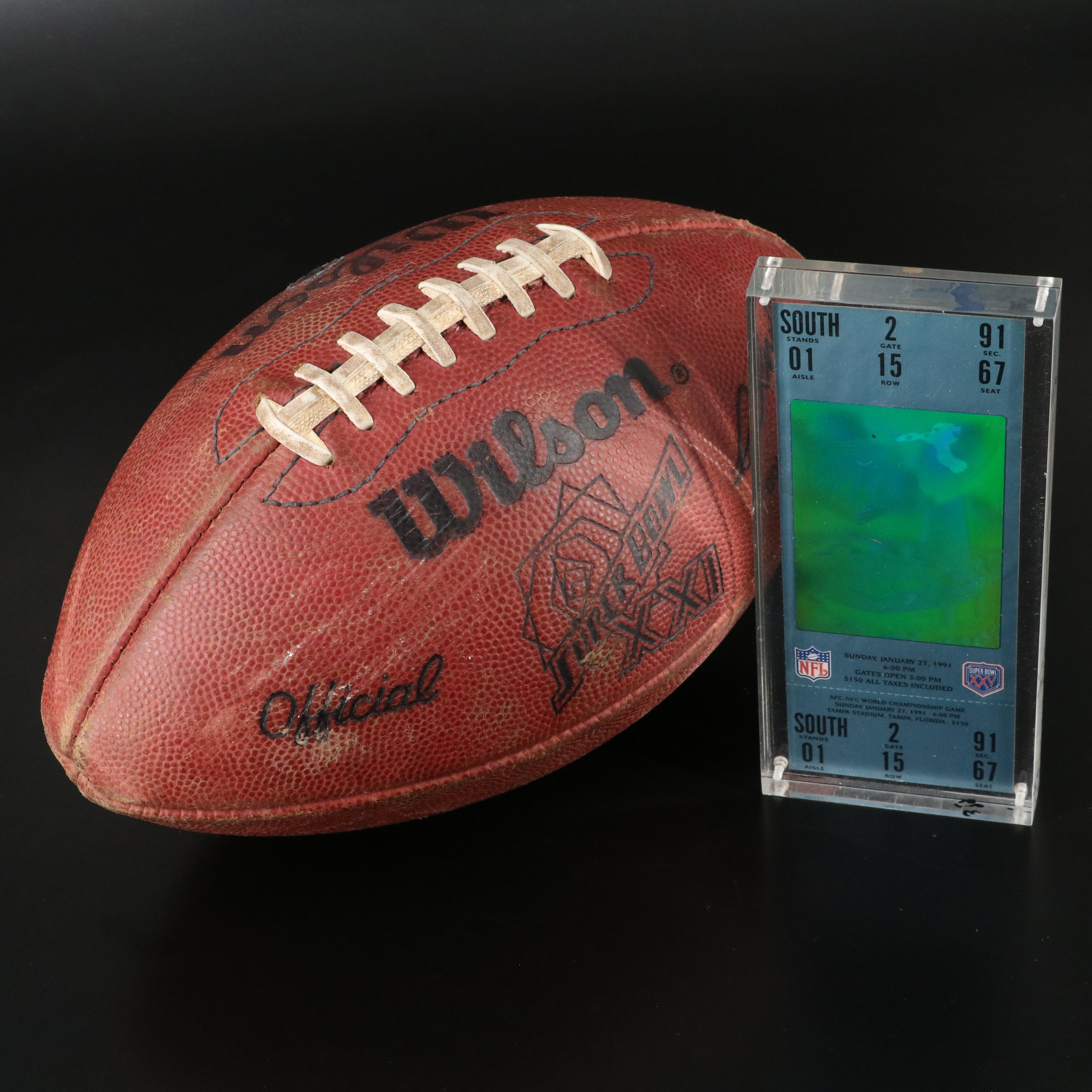Wilson Official Super Bowl XXI Football with Super Bowl XXV Ticket Stub