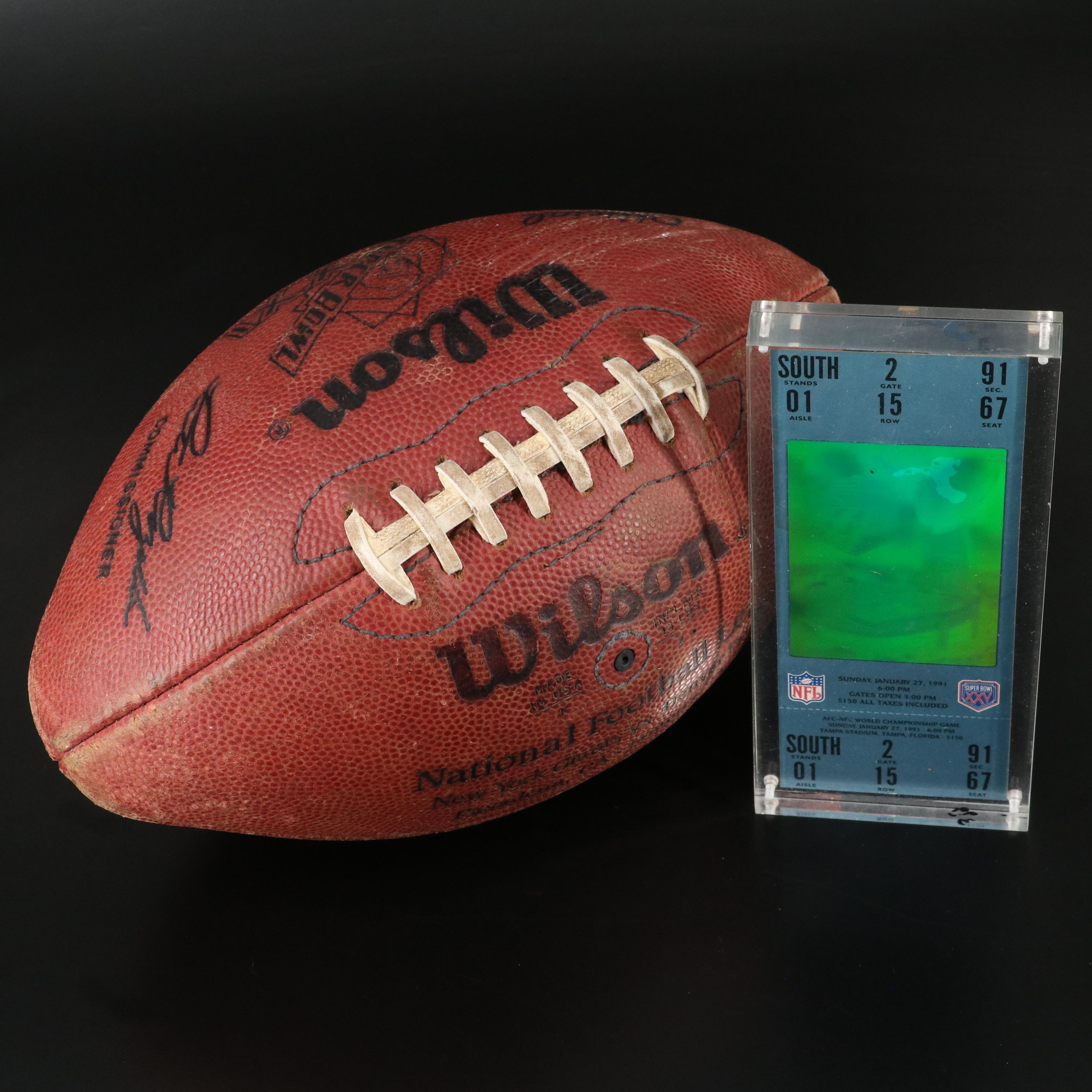 Wilson Official Super Bowl XXI Football with Super Bowl XXV Ticket Stub