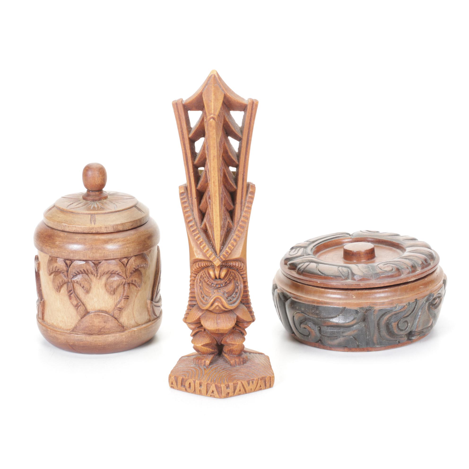 Hawaiian Coco Joe's 1970s Hapa Wood Tiki "Lono" with Hand-Carved Boxes