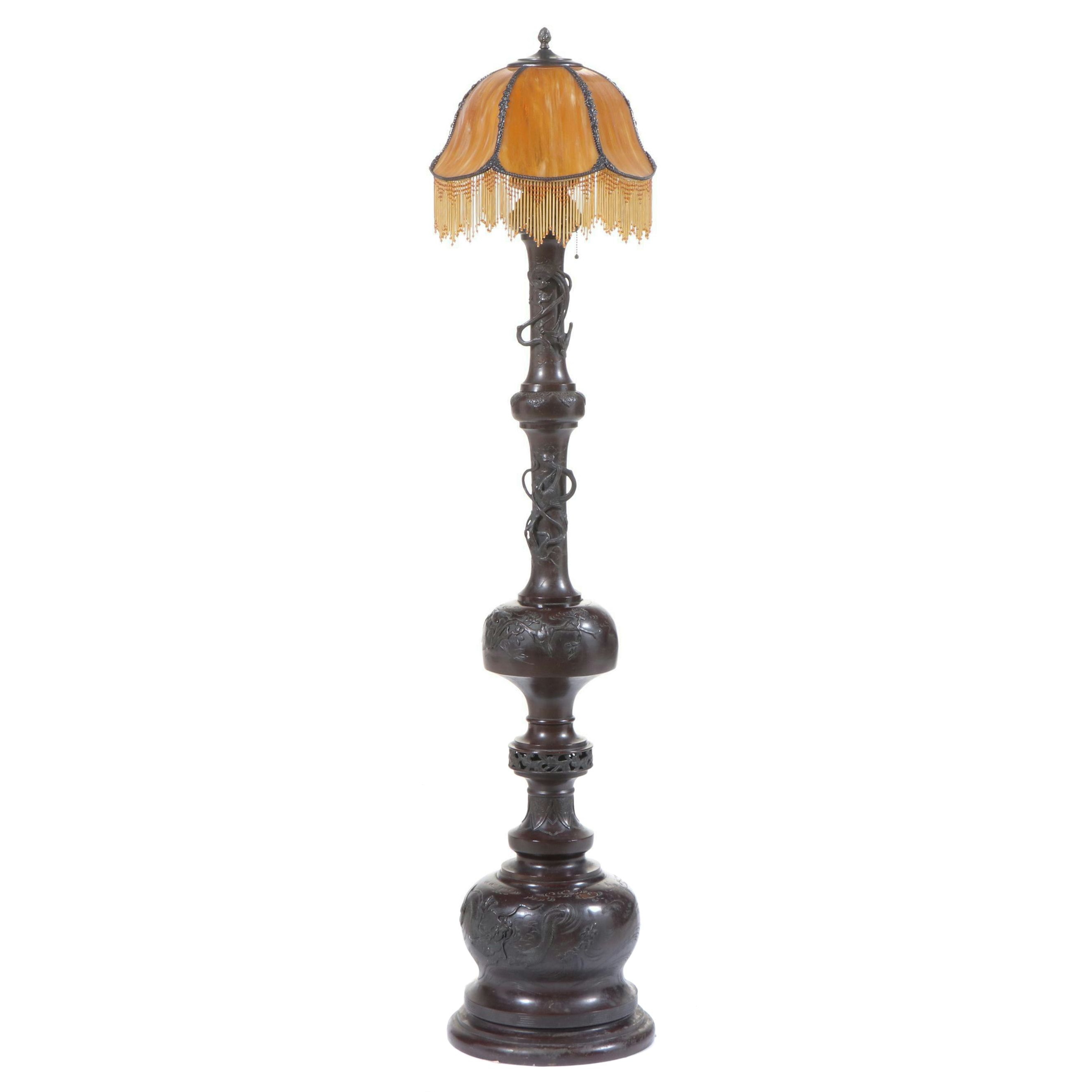 Japanese Meiji Style Cast Bronze Dragon & Phoenix Floor Lamp, Adapted Mid-20th C