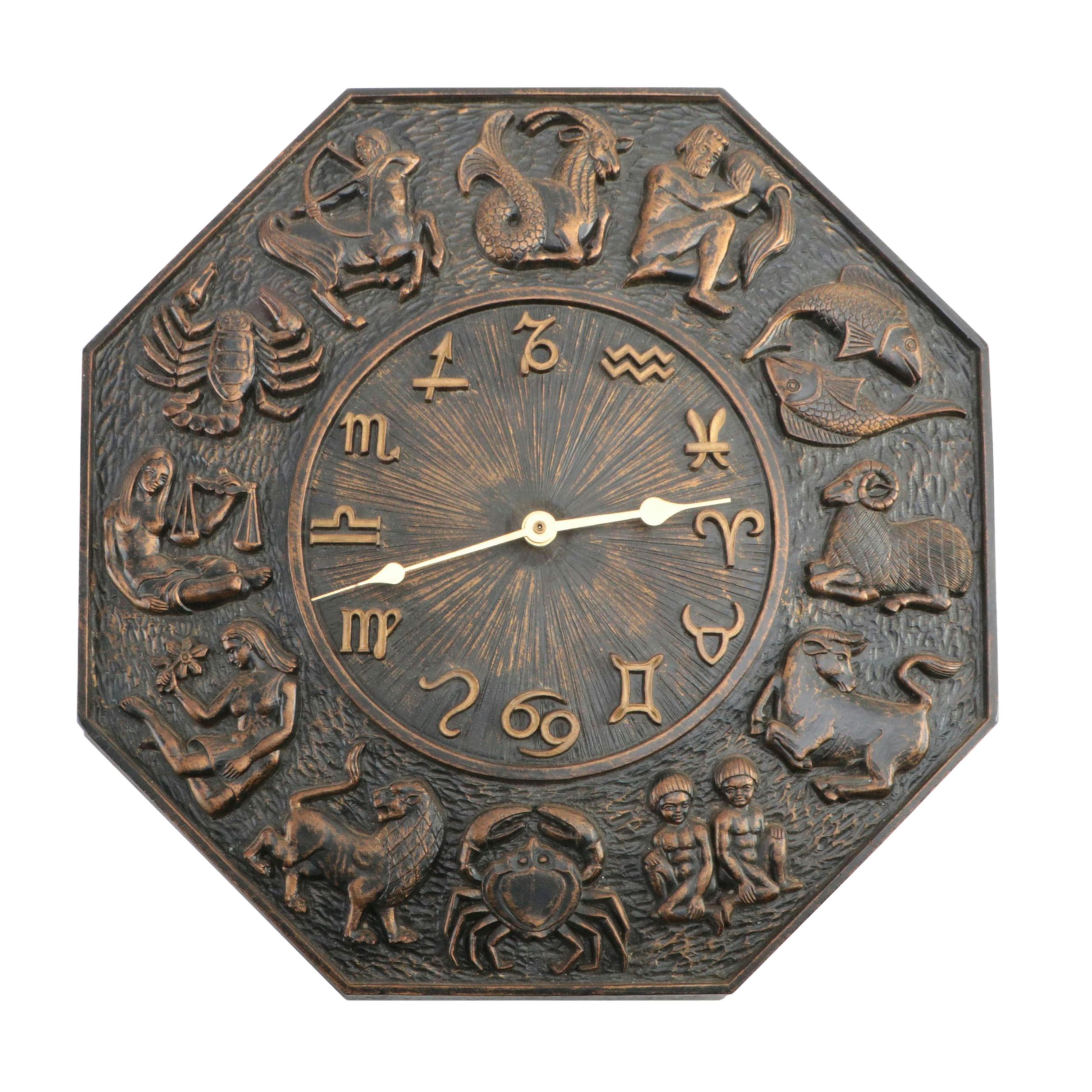 Dart Industries Bronze Tone Plastic Zodiac Wall Clock, 1969