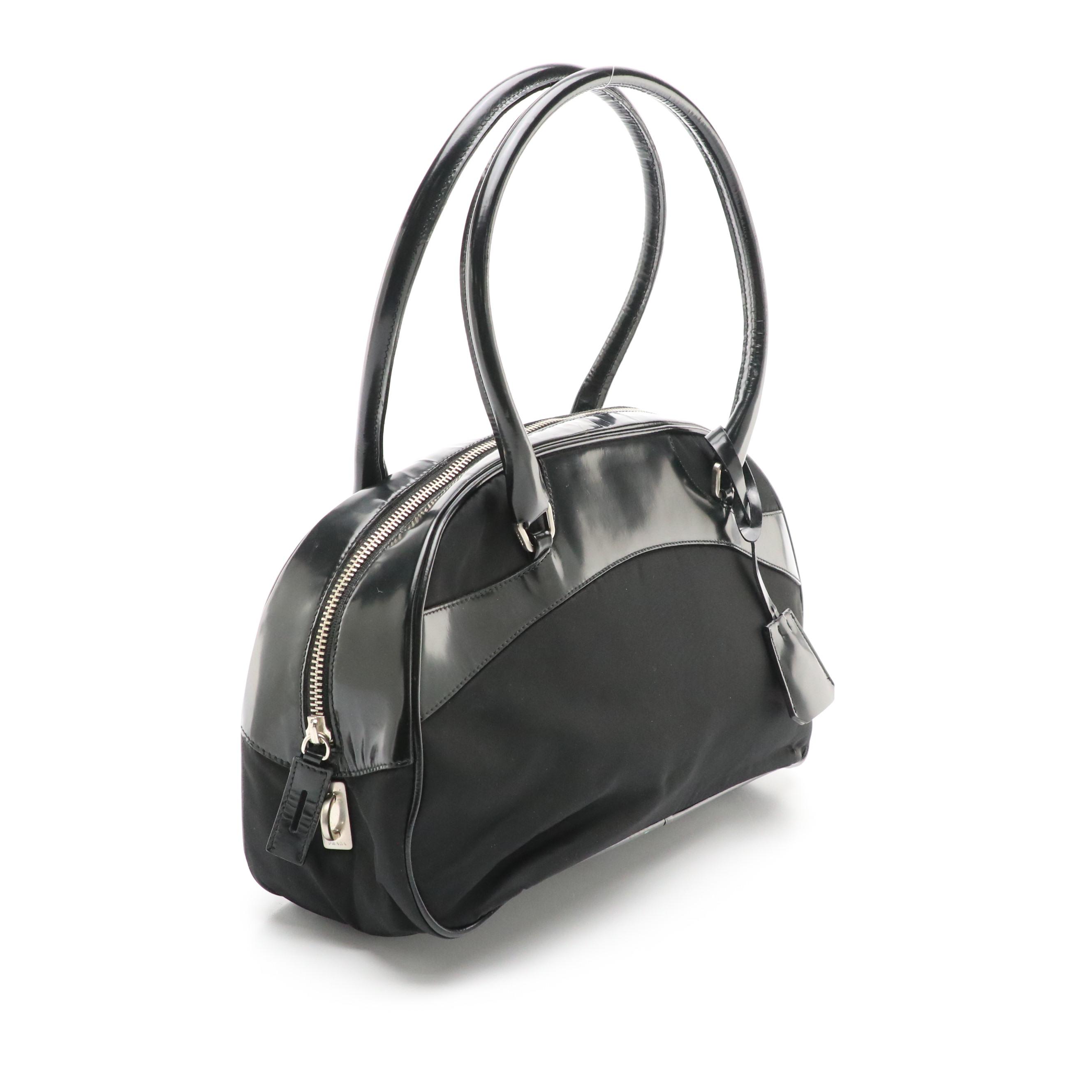 Prada Zippered Bowling Bag in Black Tessuto Nylon and Patent Leather